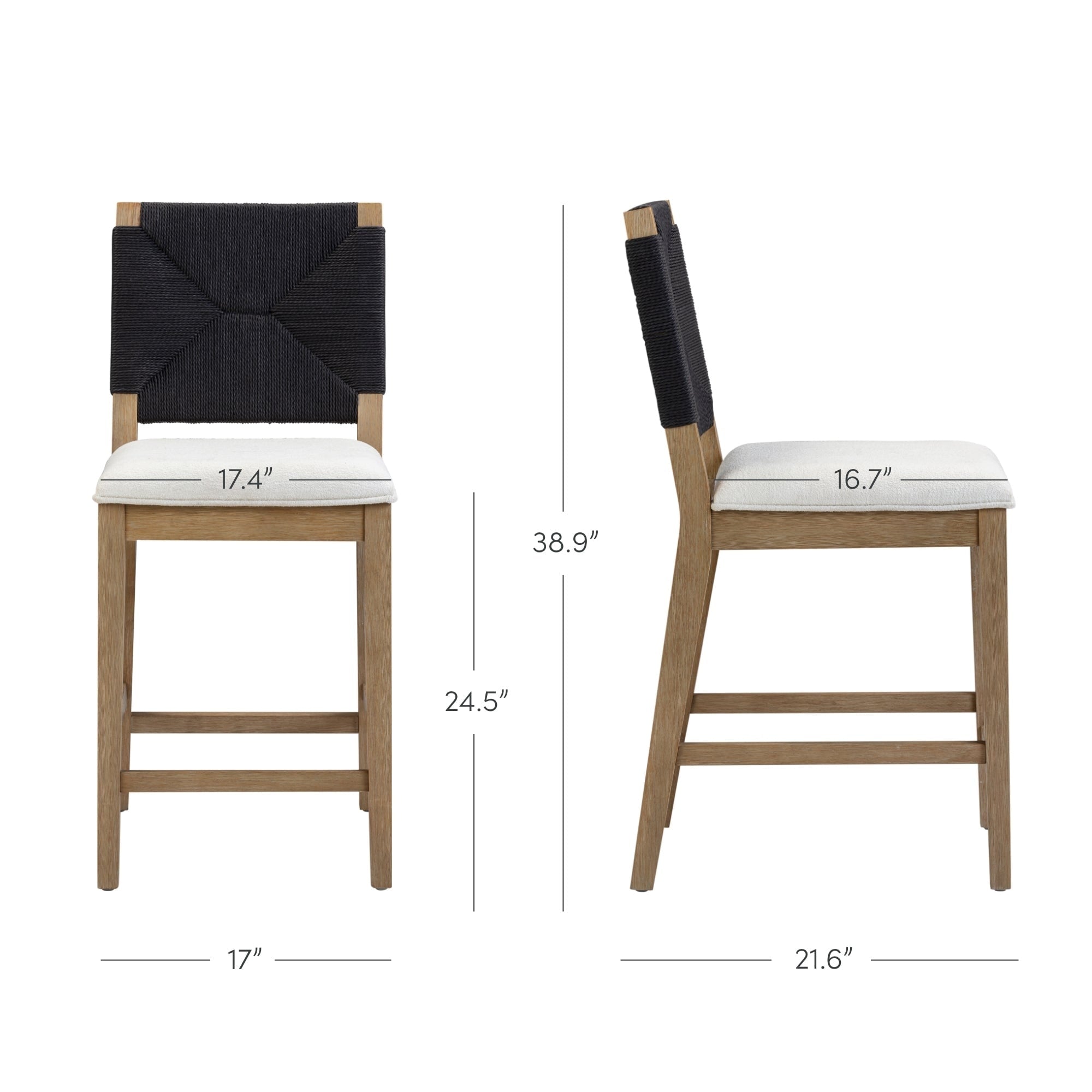 Beacon Bohemian Boucle Bar Stool, Upholstered Counter Height Chair with Solid Wood Frame and Woven Seagrass Back