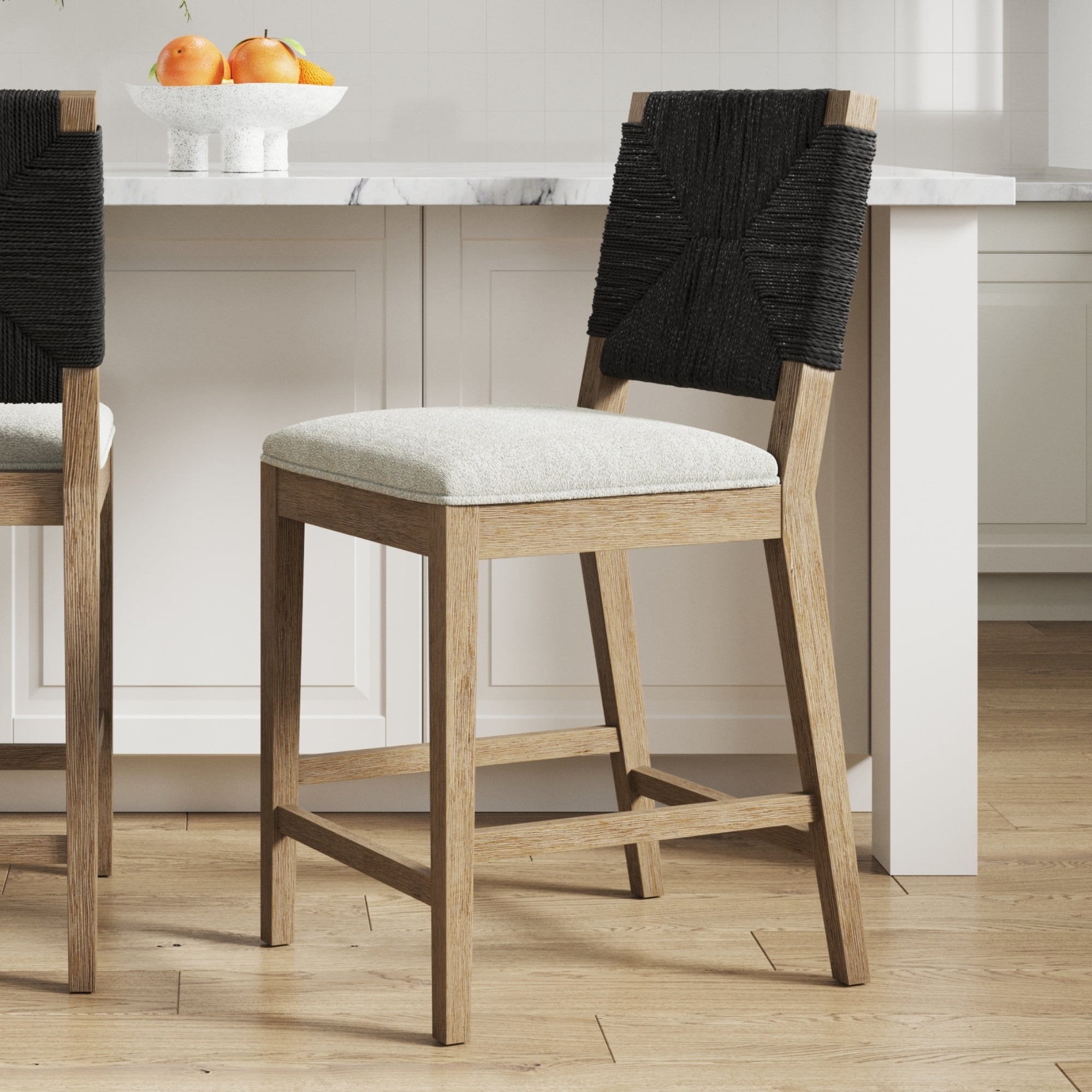 Beacon Bohemian Boucle Bar Stool, Upholstered Counter Height Chair with Solid Wood Frame and Woven Seagrass Back