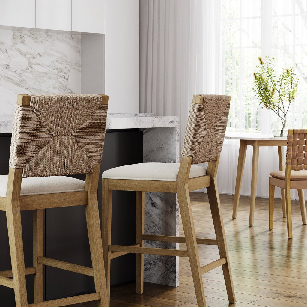 Beacon Bohemian Boucle Bar Stool, Upholstered Counter Height Chair with Solid Wood Frame and Woven Seagrass Back