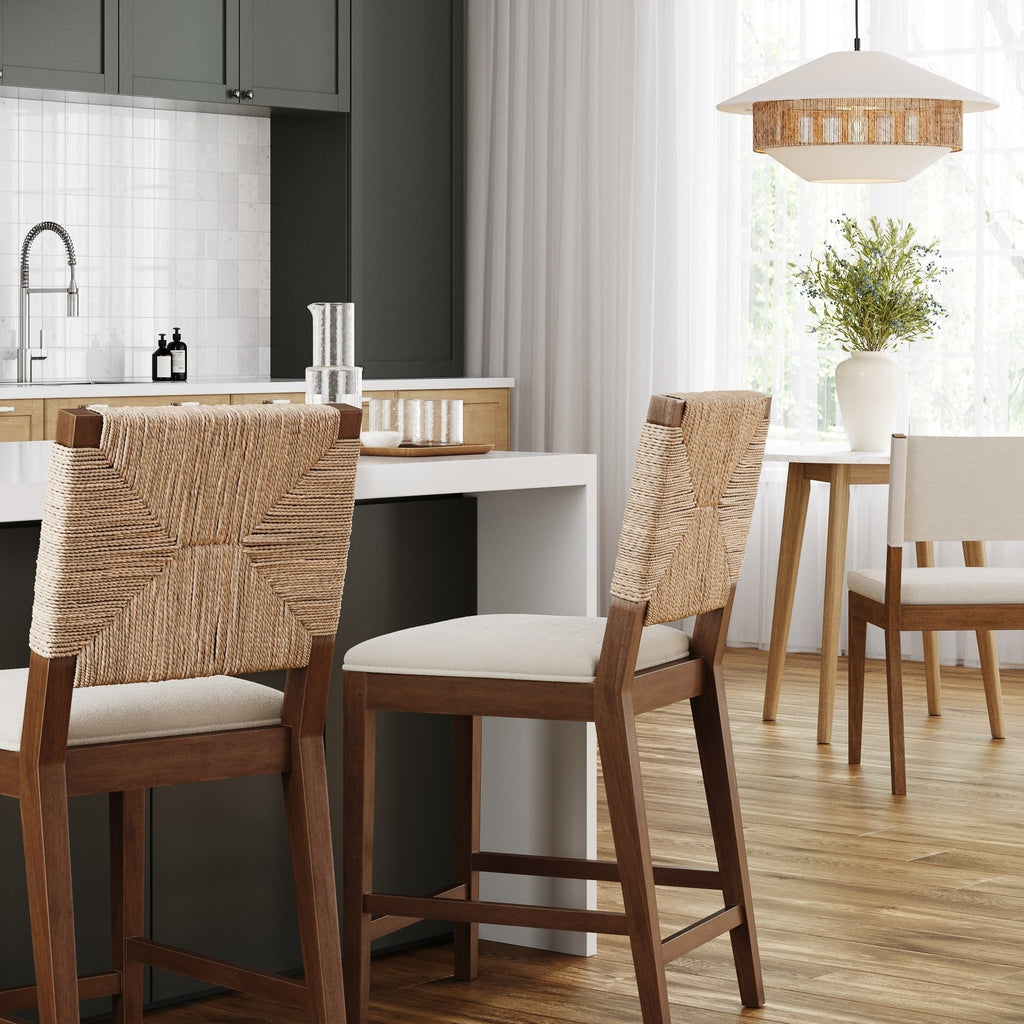 Beacon Bohemian Boucle Bar Stool, Upholstered Counter Height Chair with Solid Wood Frame and Woven Seagrass Back