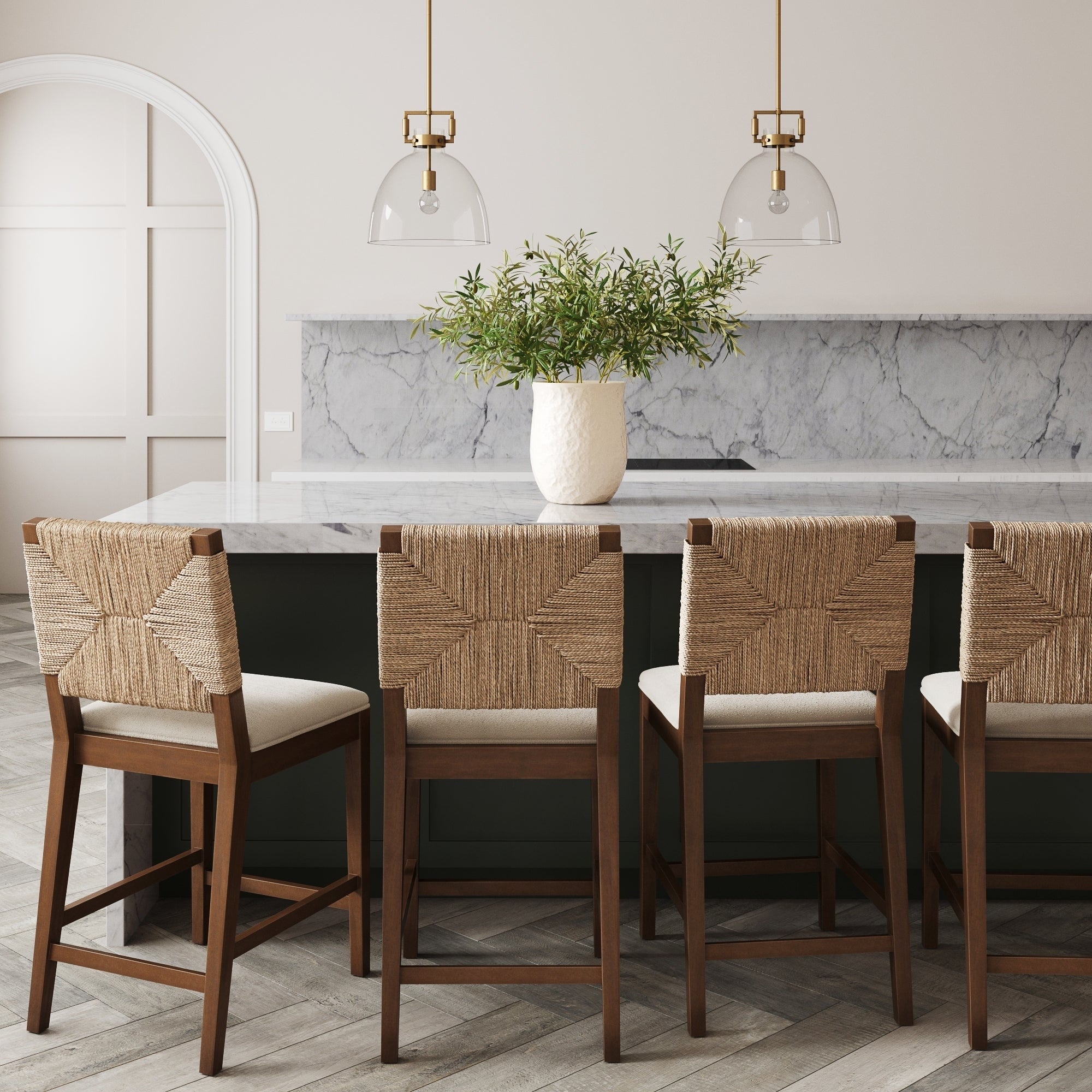 Beacon Bohemian Boucle Bar Stool, Upholstered Counter Height Chair with Solid Wood Frame and Woven Seagrass Back