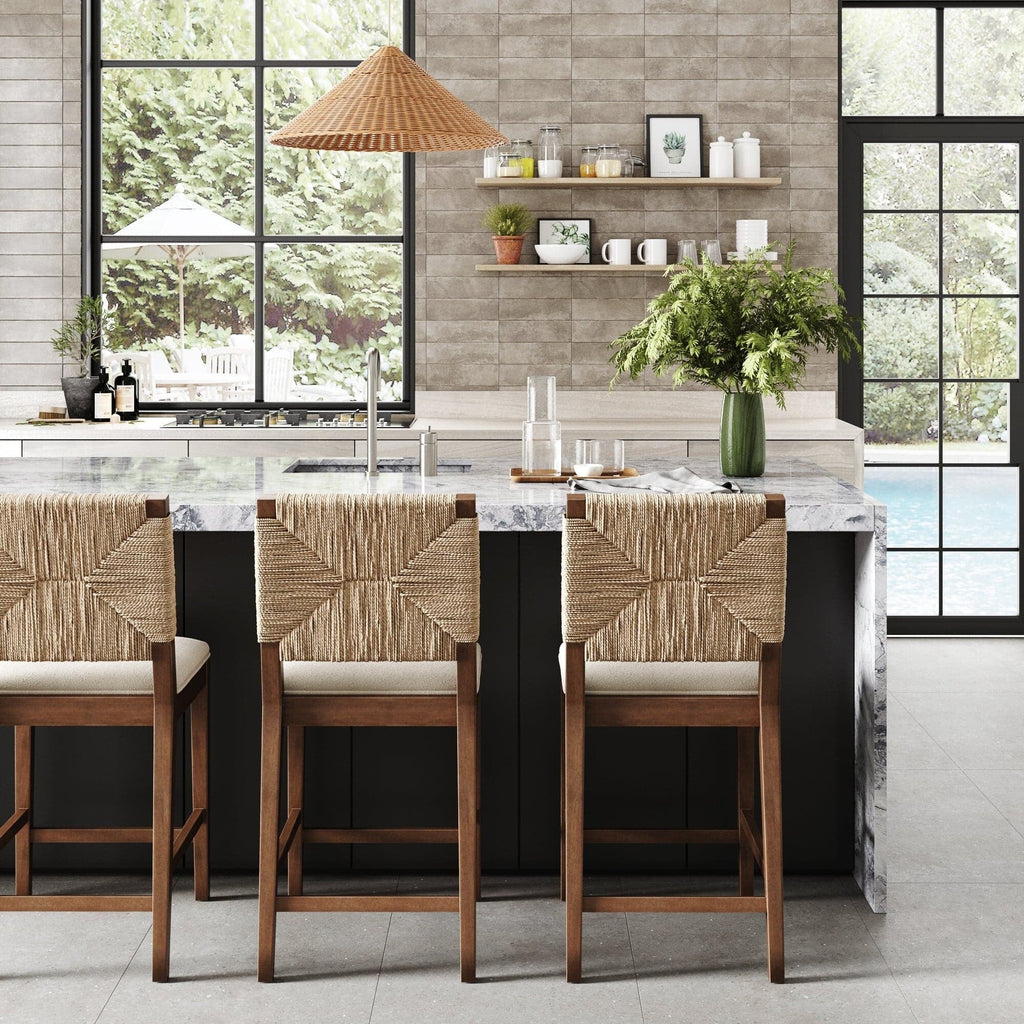 Beacon Bohemian Boucle Bar Stool, Upholstered Counter Height Chair with Solid Wood Frame and Woven Seagrass Back
