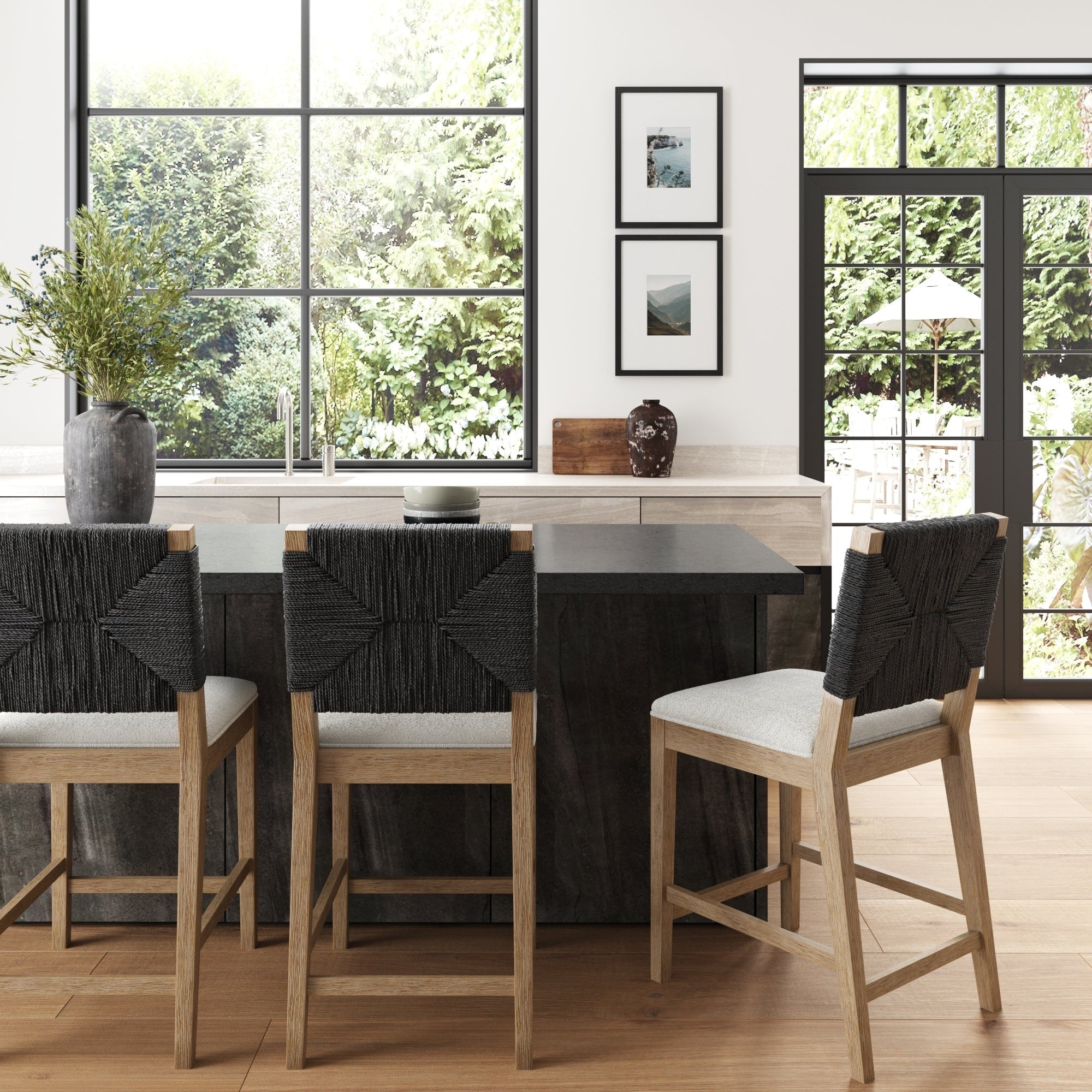 Beacon Bohemian Boucle Bar Stool, Upholstered Counter Height Chair with Solid Wood Frame and Woven Seagrass Back