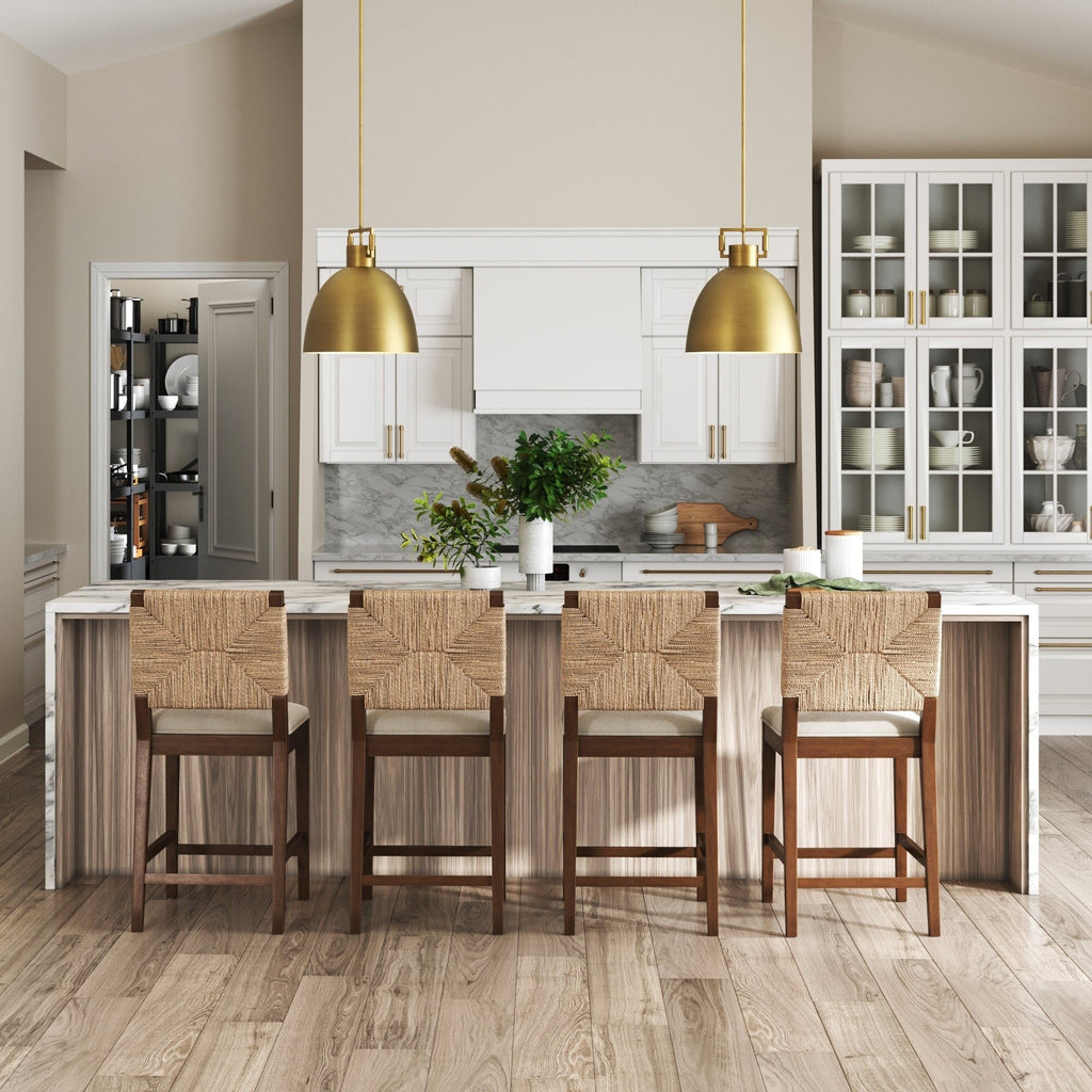 Beacon Bohemian Boucle Bar Stool, Upholstered Counter Height Chair with Solid Wood Frame and Woven Seagrass Back