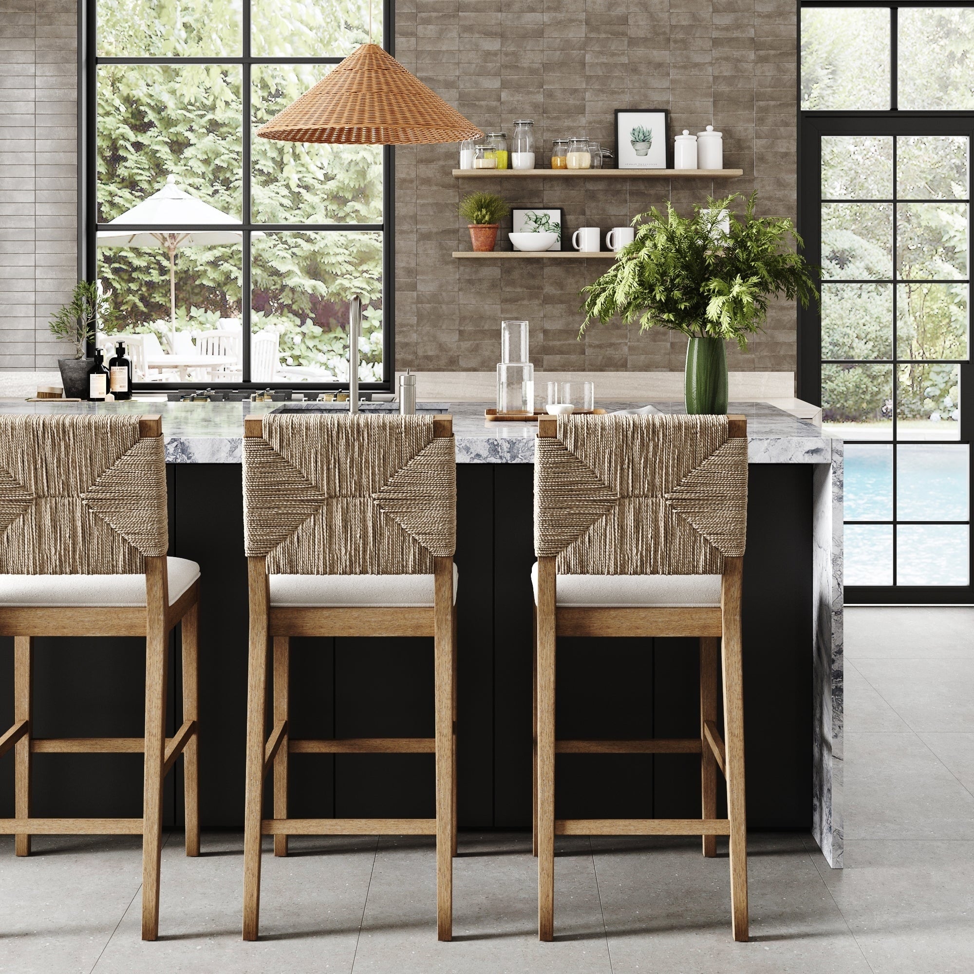 Beacon Bohemian Boucle Bar Stool, Upholstered Counter Height Chair with Solid Wood Frame and Woven Seagrass Back