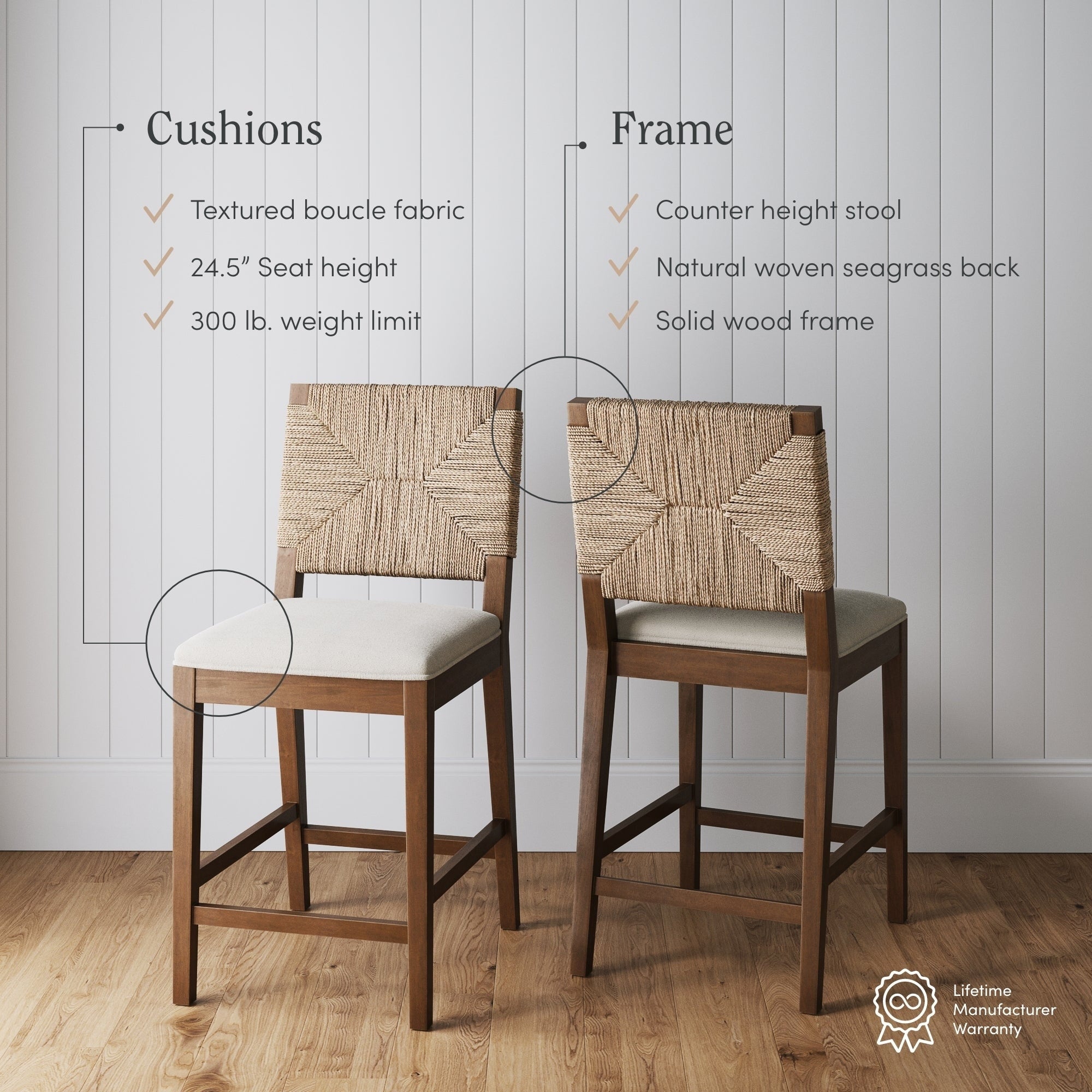Beacon Bohemian Boucle Bar Stool, Upholstered Counter Height Chair with Solid Wood Frame and Woven Seagrass Back