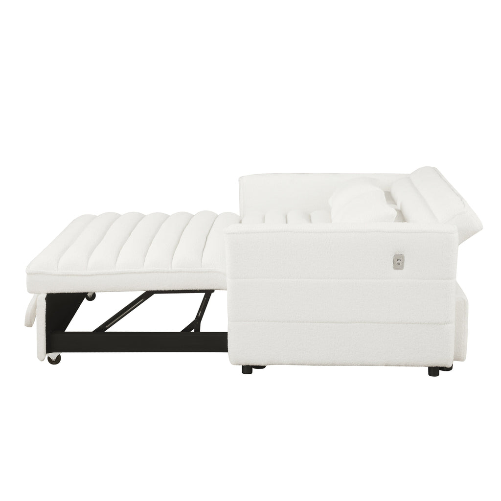 Beige 55.12 Boucle Loveseat Convertible Pull-Out Sofa Bed with Adjustable Back and 2 Waist Pillows for Living Room