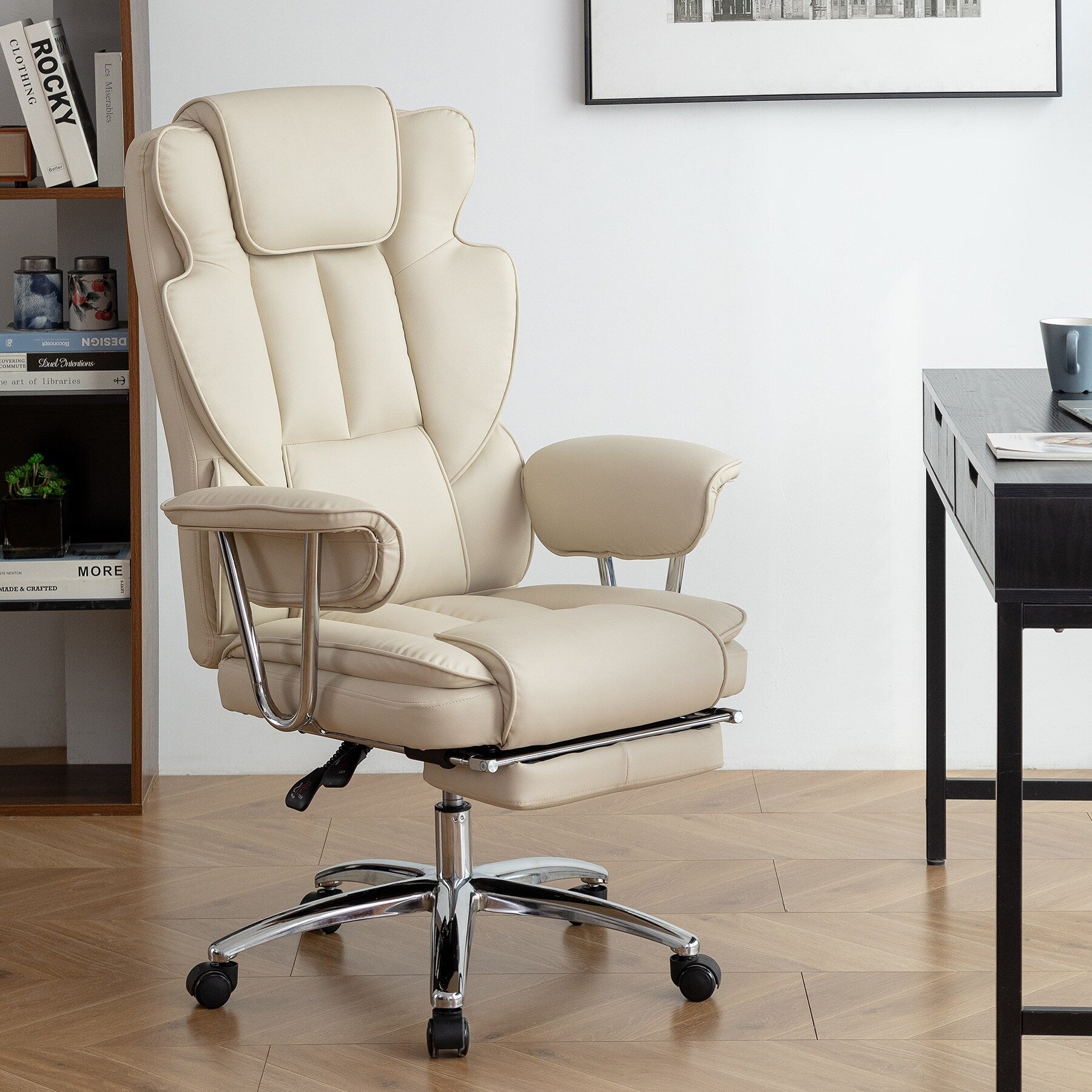 Beige Bonded Leather 360° Swivel Ergonomic High Back Office Recliner with Lumbar Support, Footrest, Adjustable Height