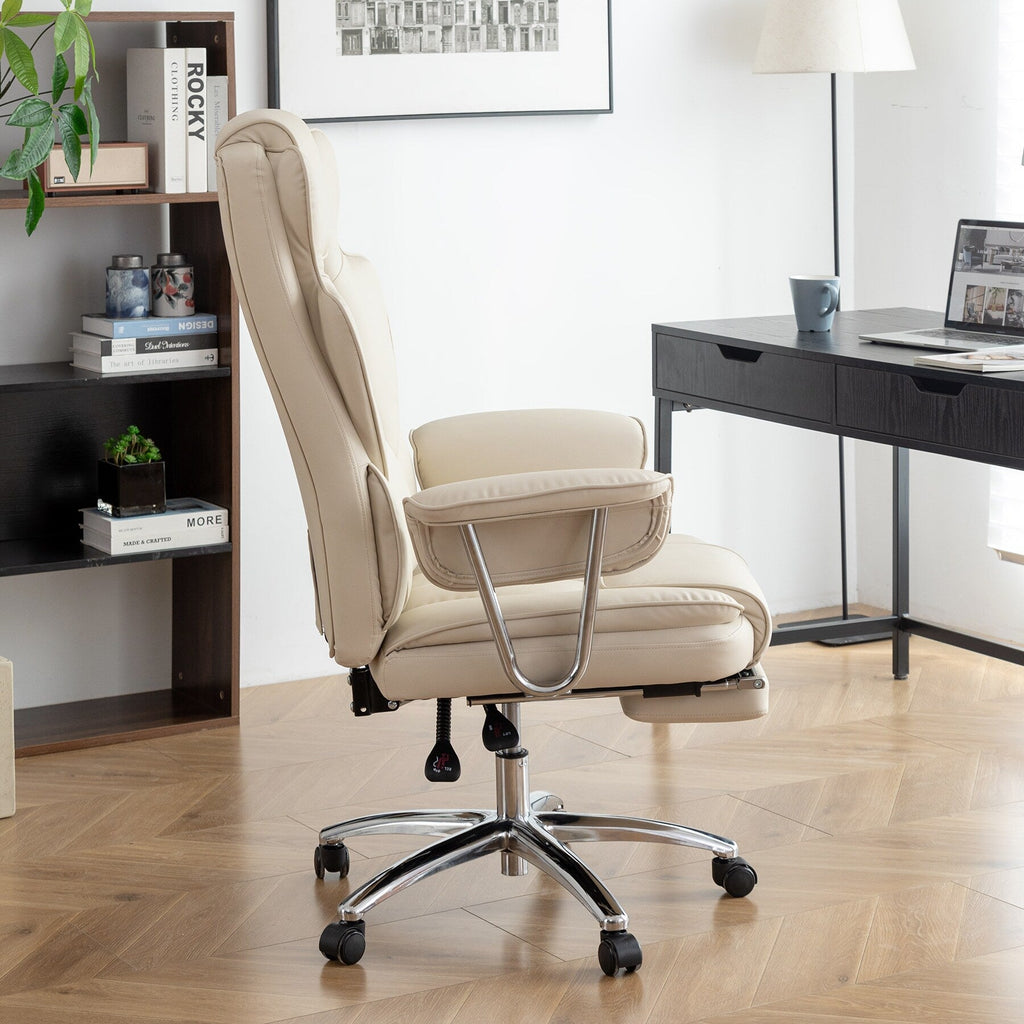Beige Bonded Leather 360° Swivel Ergonomic High Back Office Recliner with Lumbar Support, Footrest, Adjustable Height