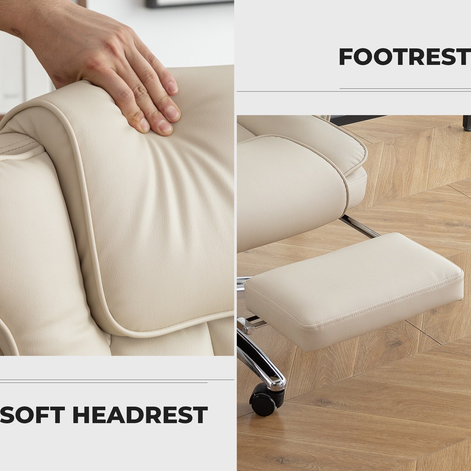 Beige Bonded Leather 360° Swivel Ergonomic High Back Office Recliner with Lumbar Support, Footrest, Adjustable Height