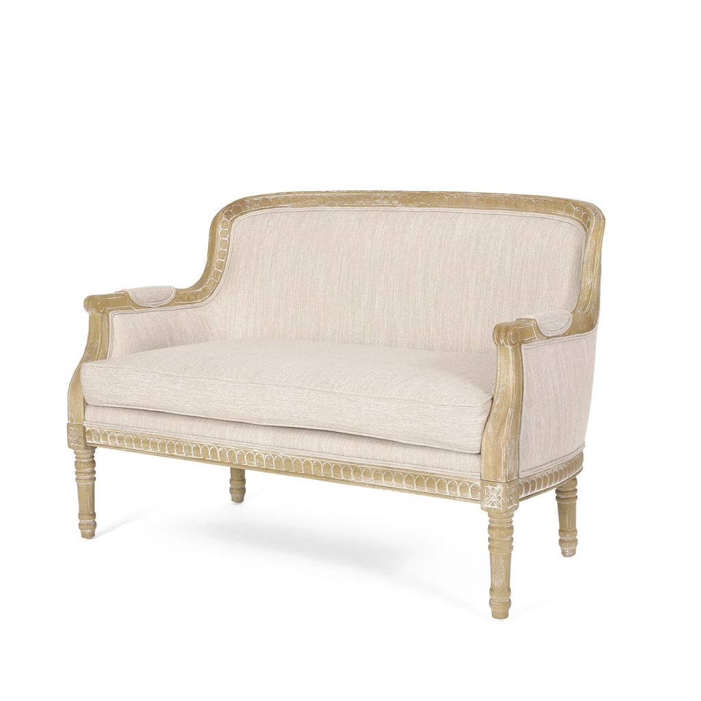 Beige Brown Wood Loveseat Sofa with Rubber Wood Frame