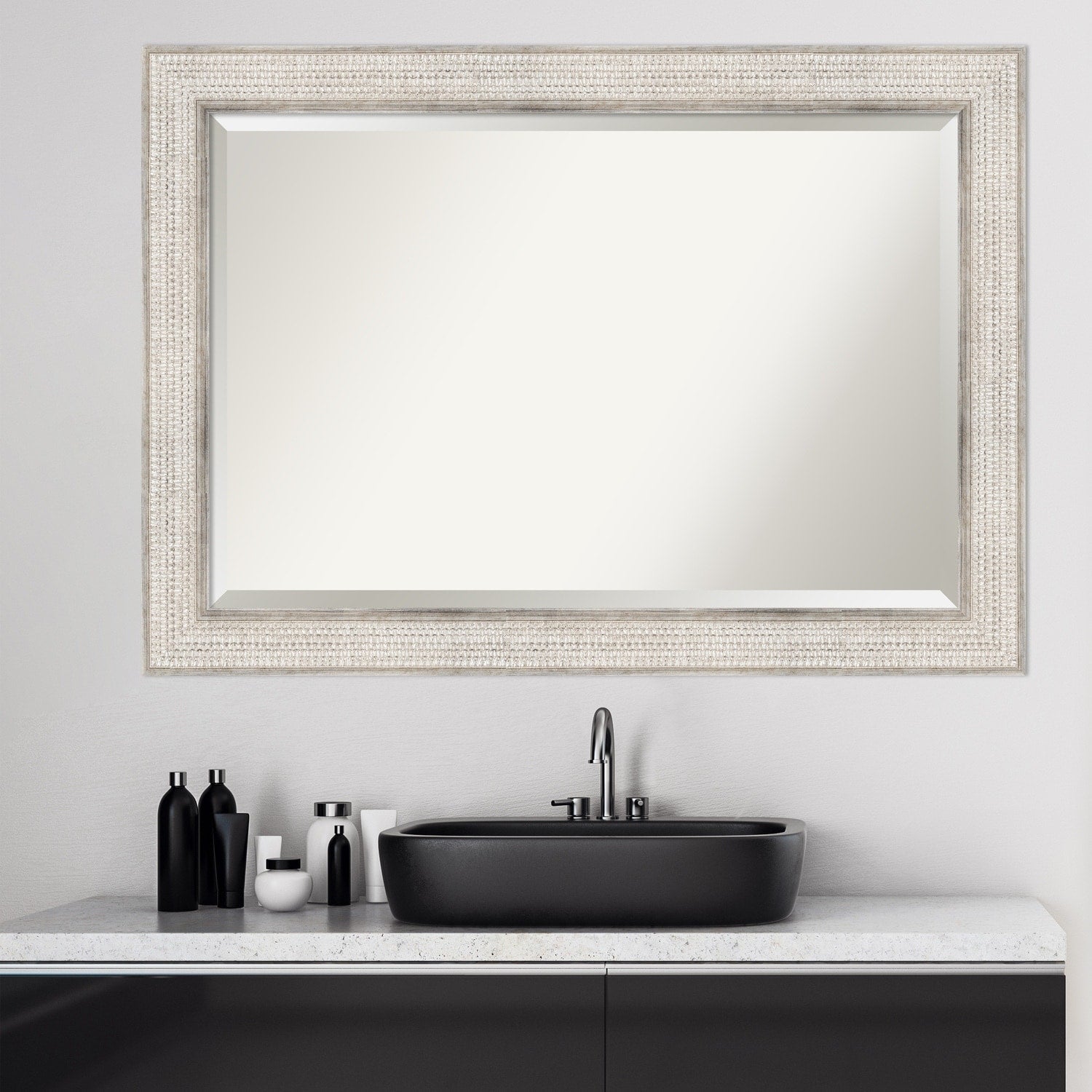 Beveled Wood Bathroom Wall Mirror - Trellis Silver Frame - Trellis Silver