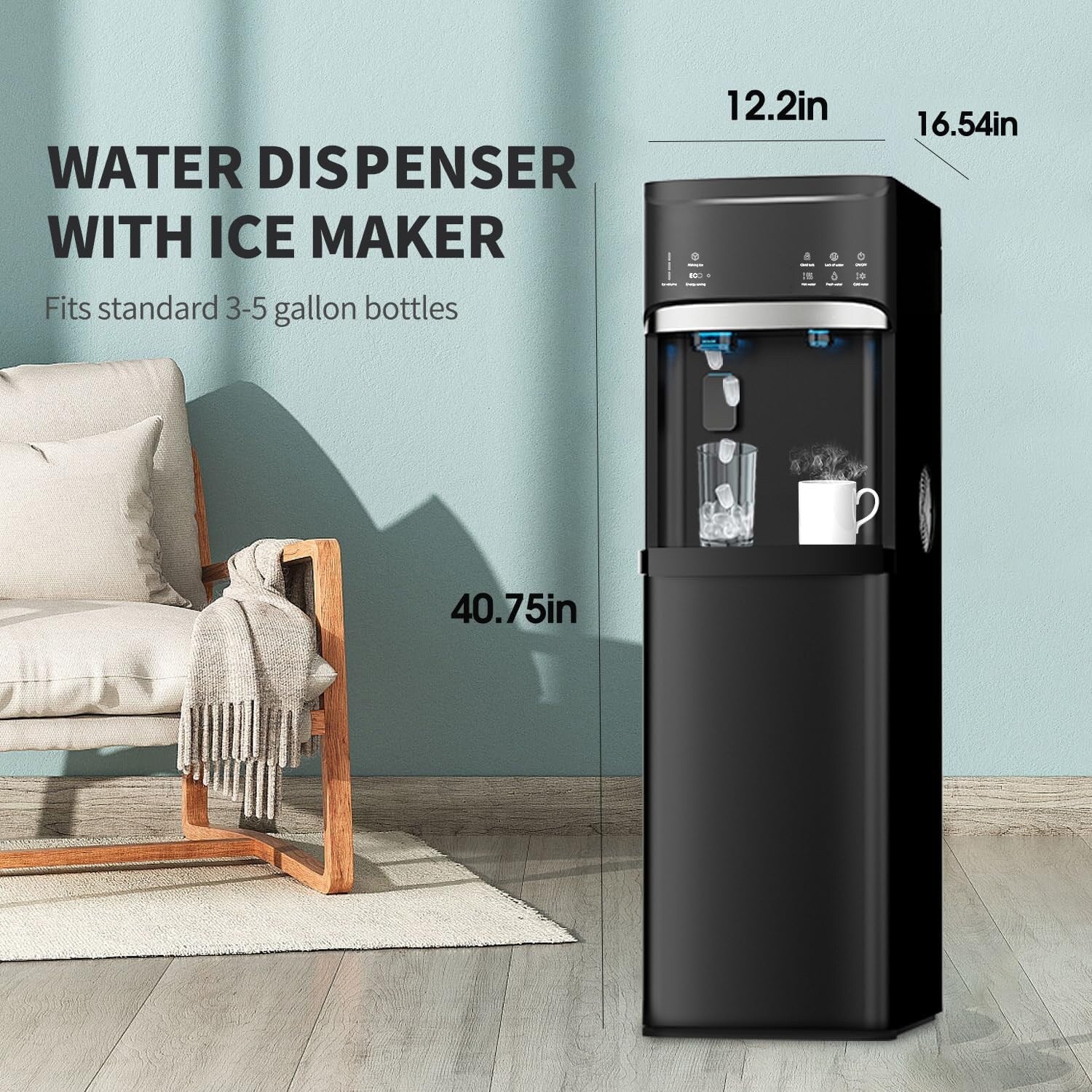 Black 3 in 1 Hot and Cold Water Dispensers with Ice Maker