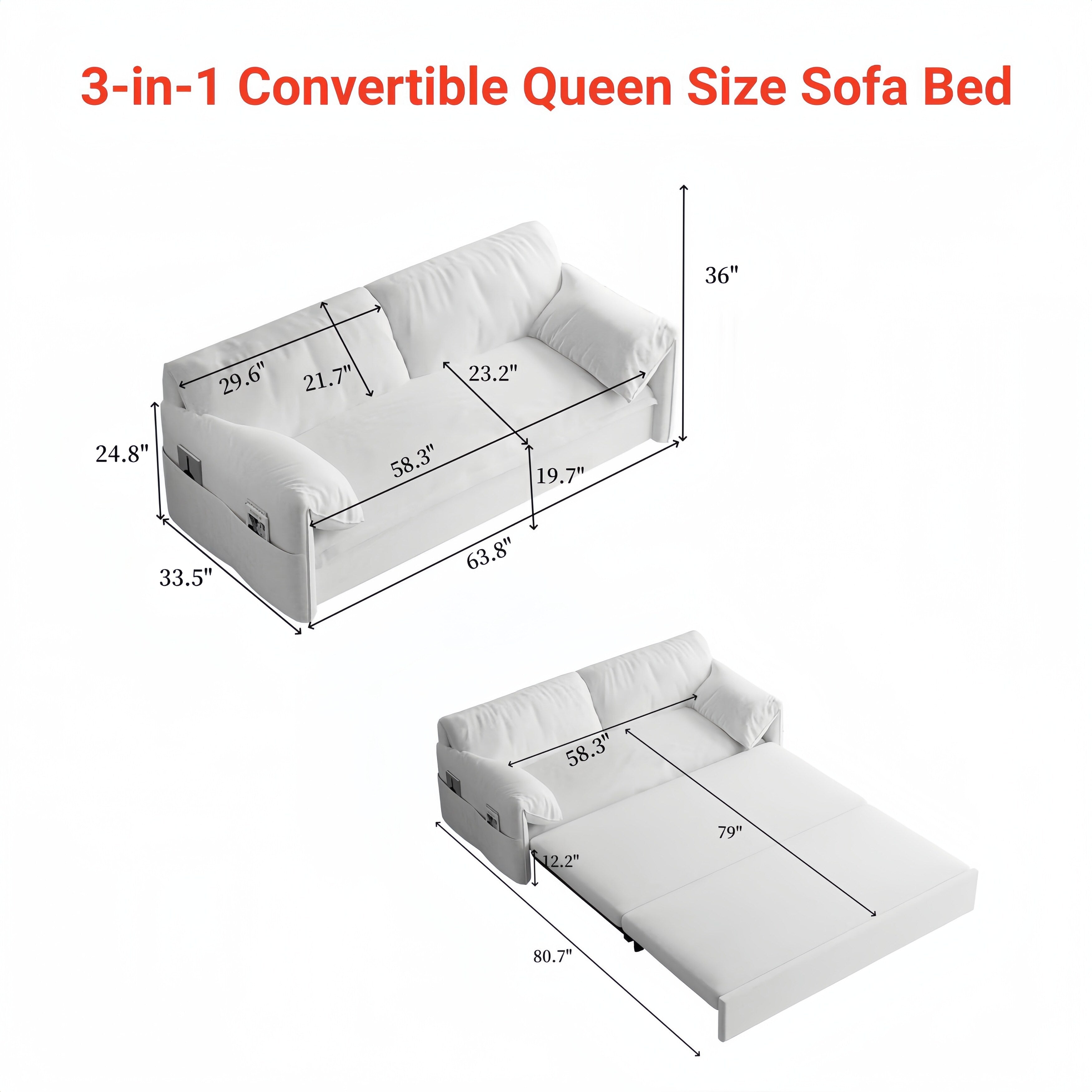 Black 63.8 3-in-1 Velvet Loveseat Pull Out Sofa Bed with Side Storage for Living Room