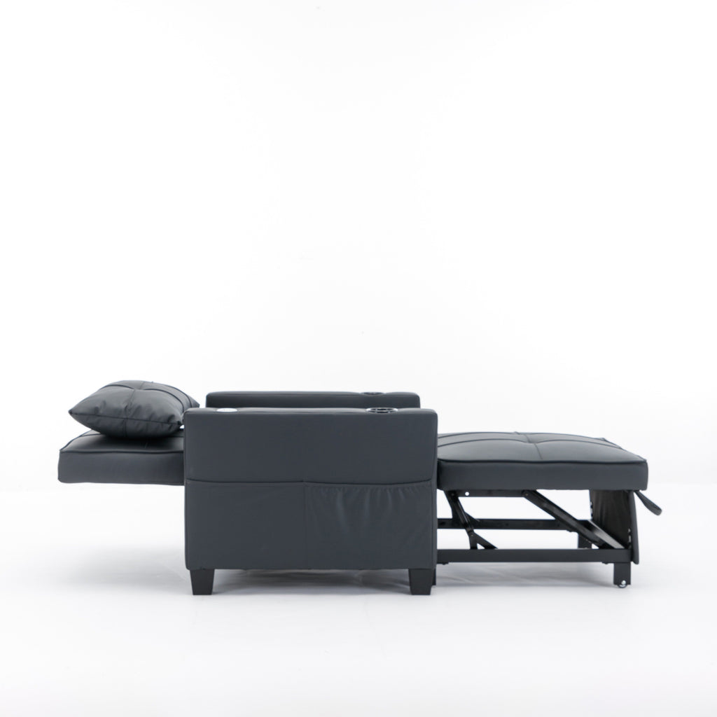 Black Faux Leather Convertible Sofa Bed with USB Ports