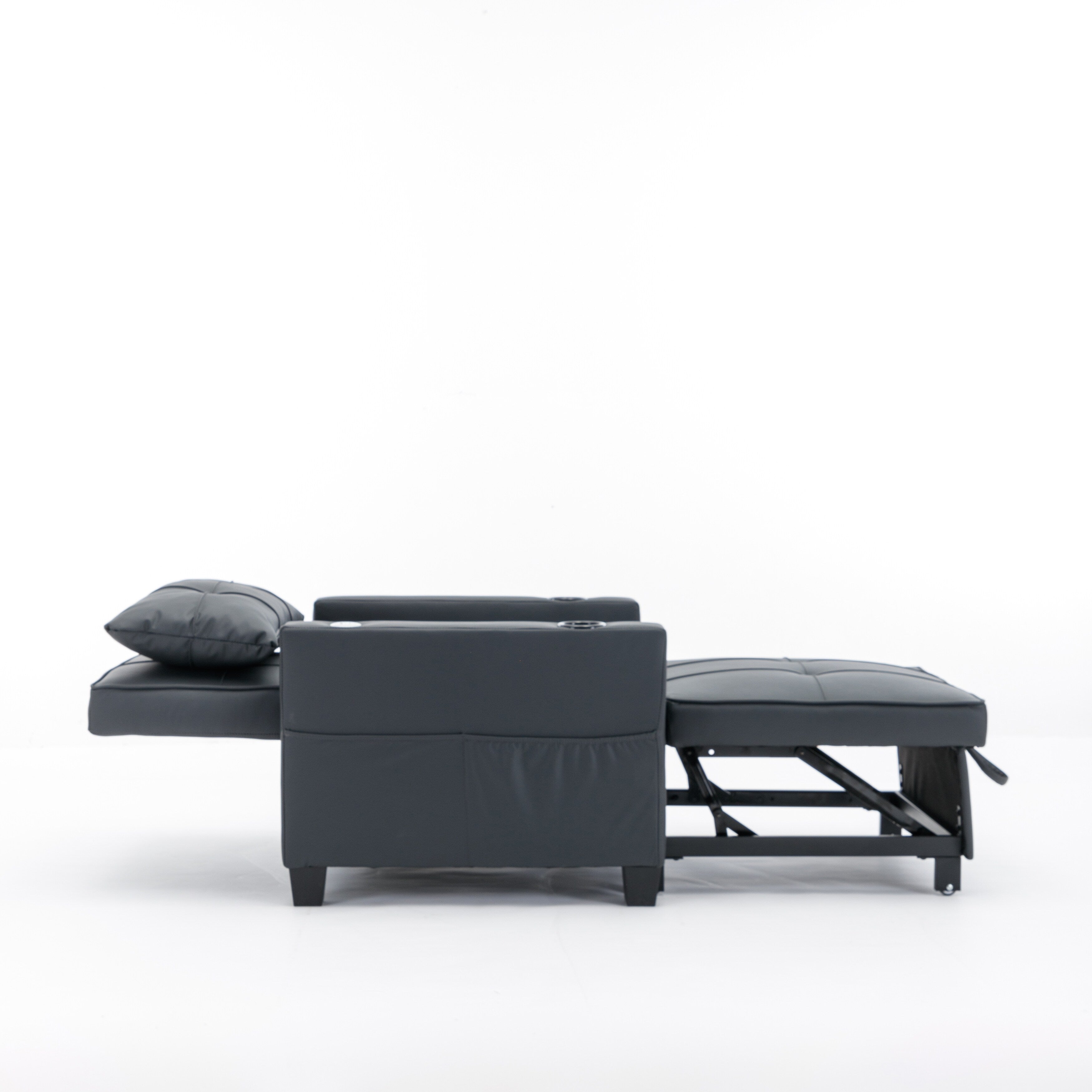 Black Faux Leather Convertible Sofa Bed with USB Ports