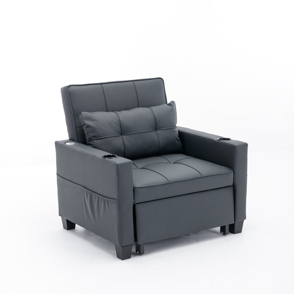 Black Faux Leather Convertible Sofa Bed with USB Ports