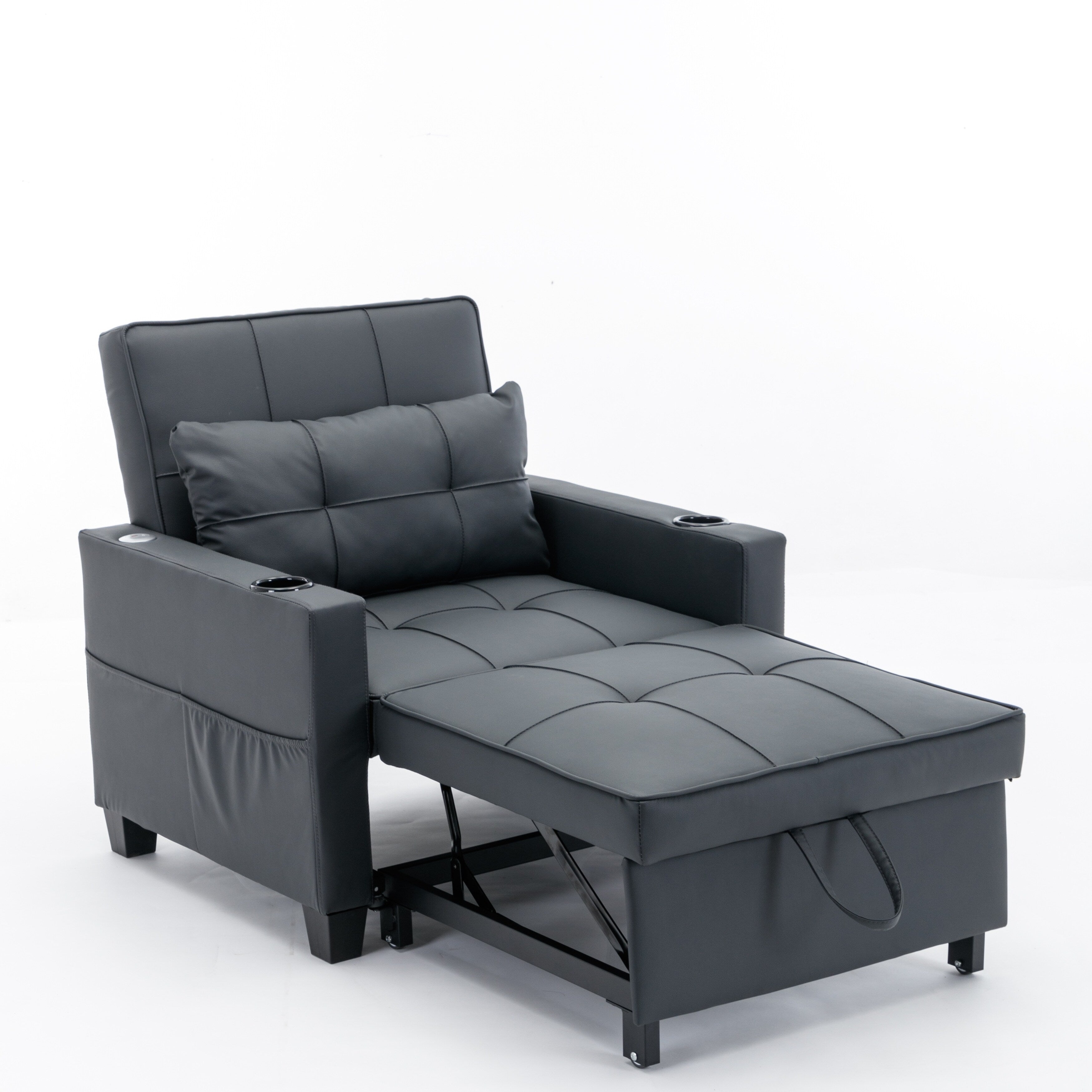 Black Faux Leather Convertible Sofa Bed with USB Ports