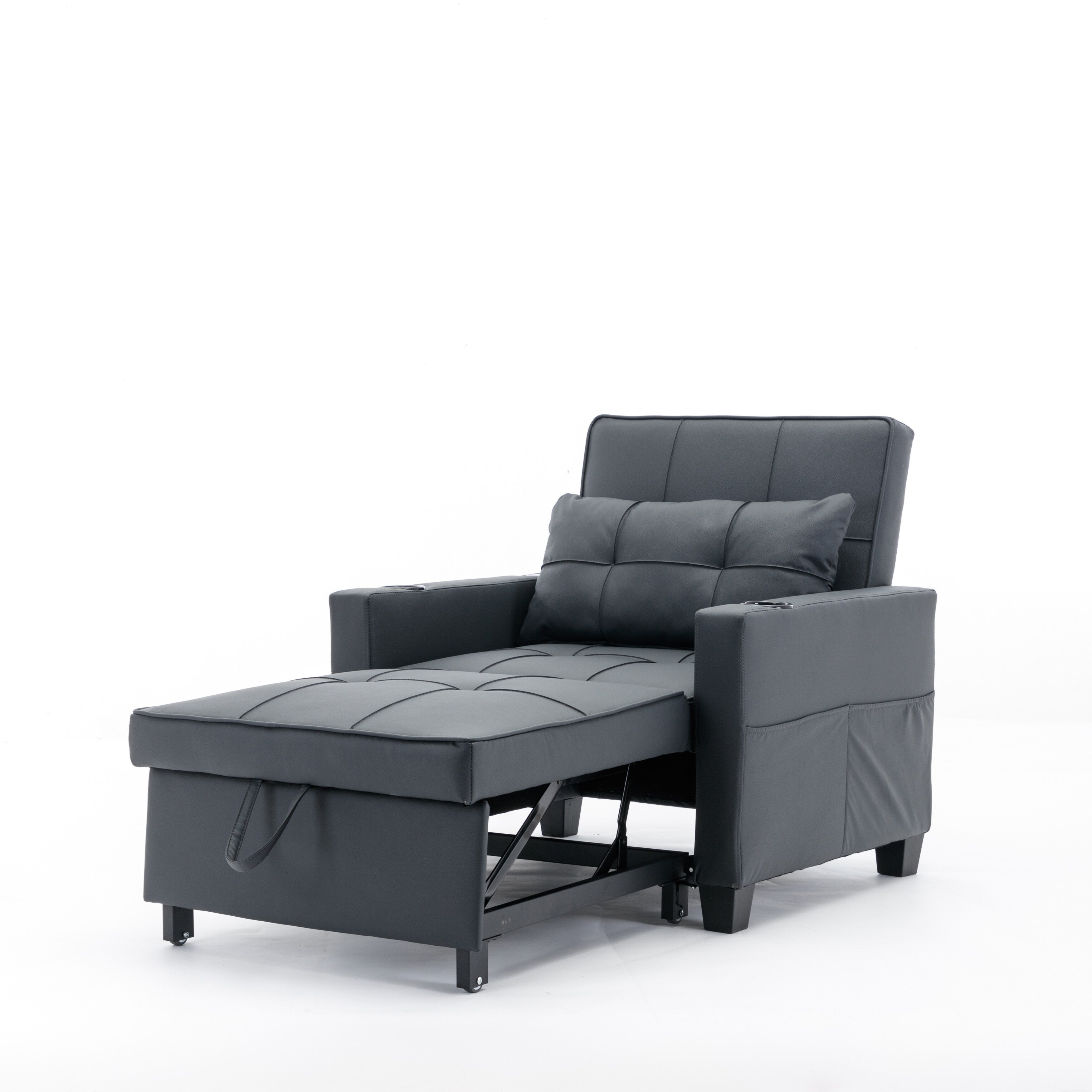 Black Faux Leather Convertible Sofa Bed with USB Ports