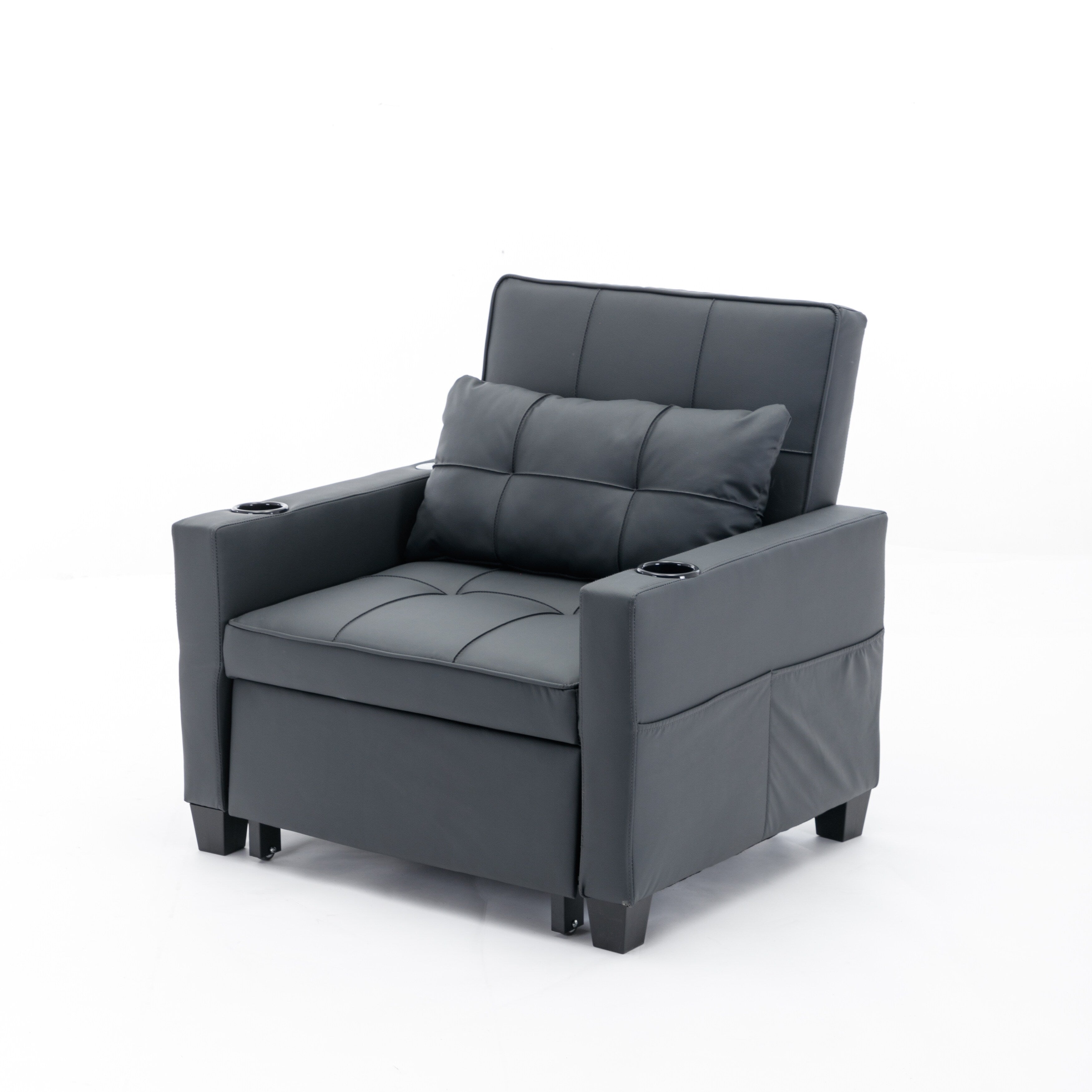 Black Faux Leather Convertible Sofa Bed with USB Ports