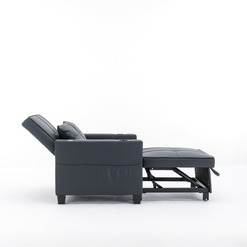 Black Faux Leather Convertible Sofa Bed with USB Ports