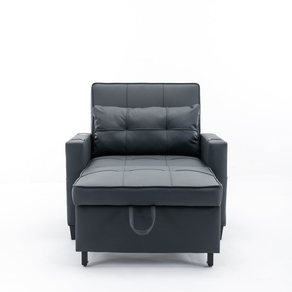 Black Faux Leather Convertible Sofa Bed with USB Ports