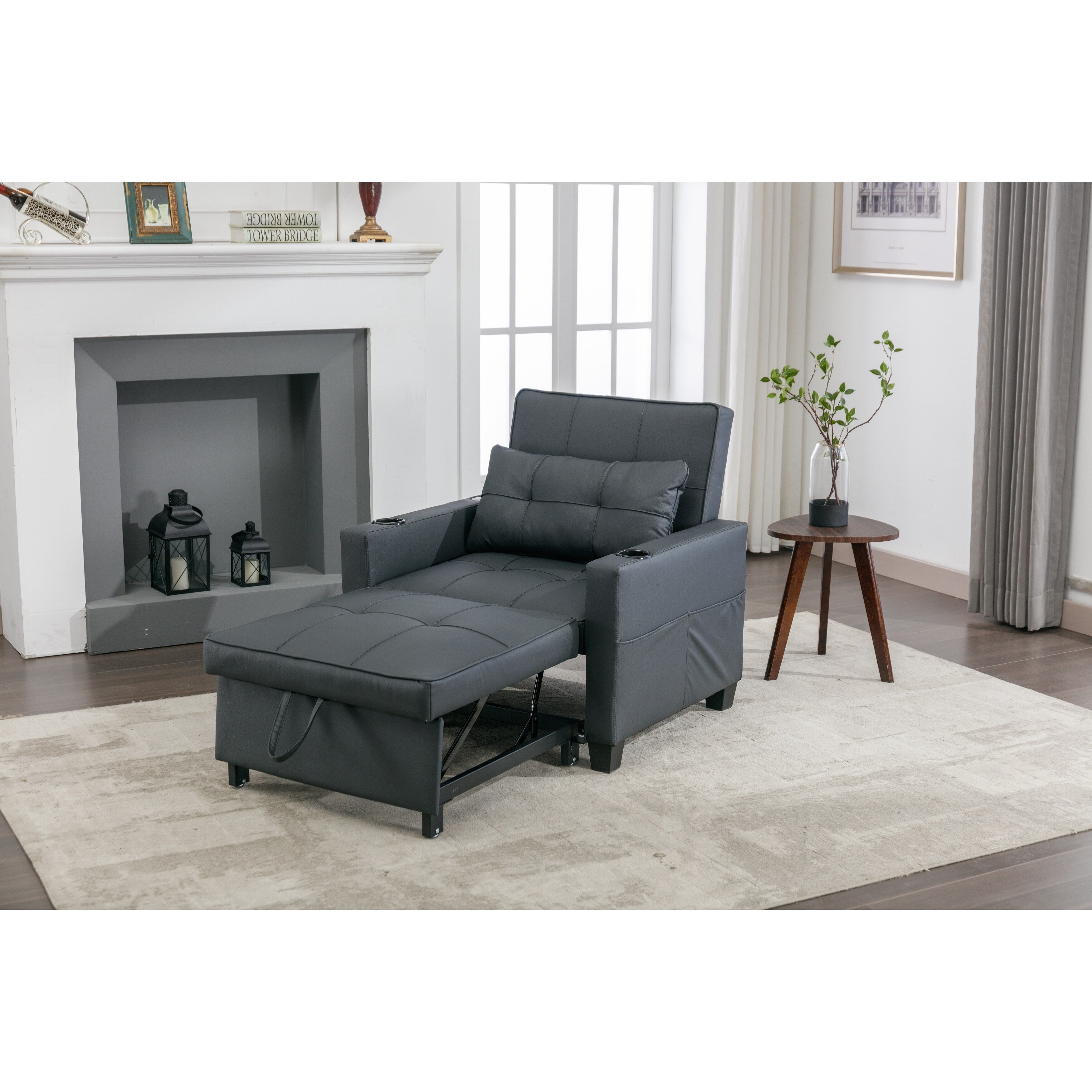 Black Faux Leather Convertible Sofa Bed with USB Ports