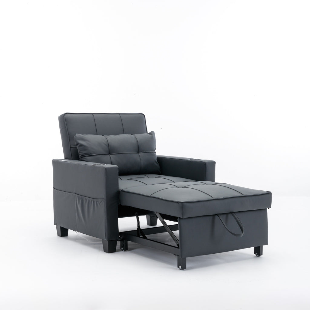 Black Faux Leather Convertible Sofa Bed with USB Ports