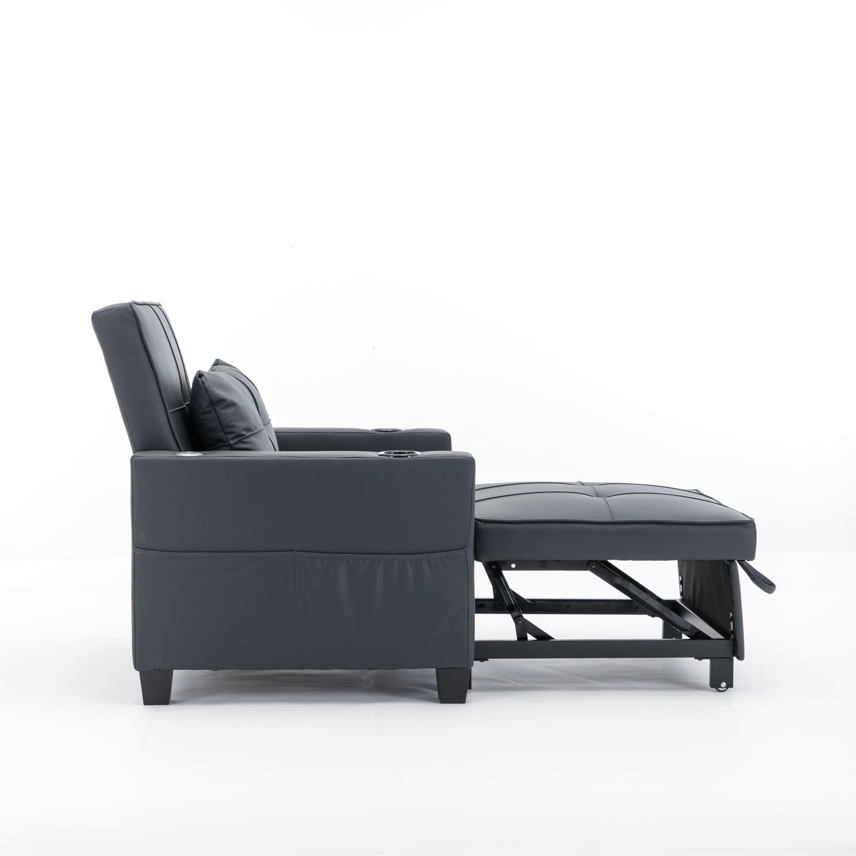Black Faux Leather Convertible Sofa Bed with USB Ports