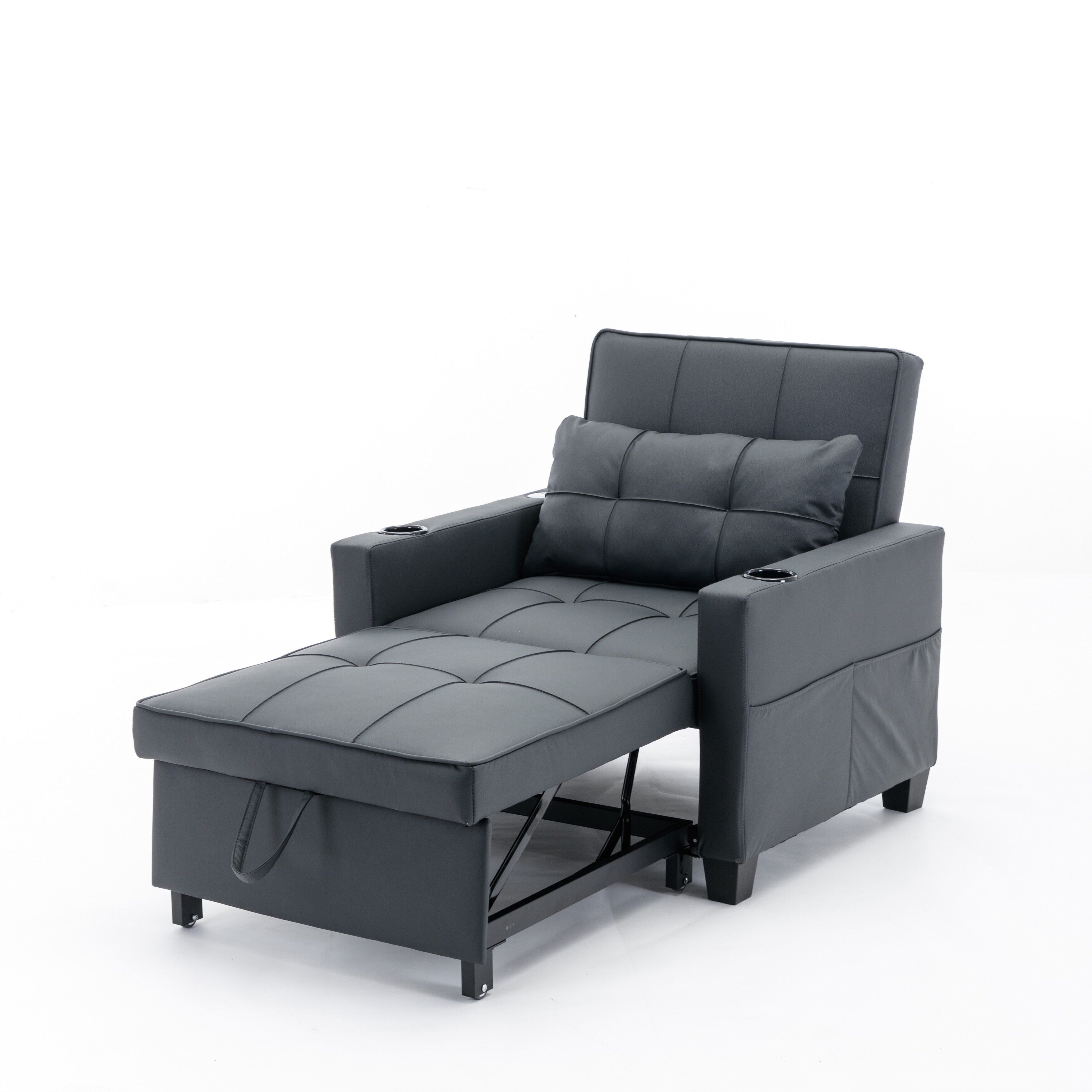 Black Faux Leather Convertible Sofa Bed with USB Ports