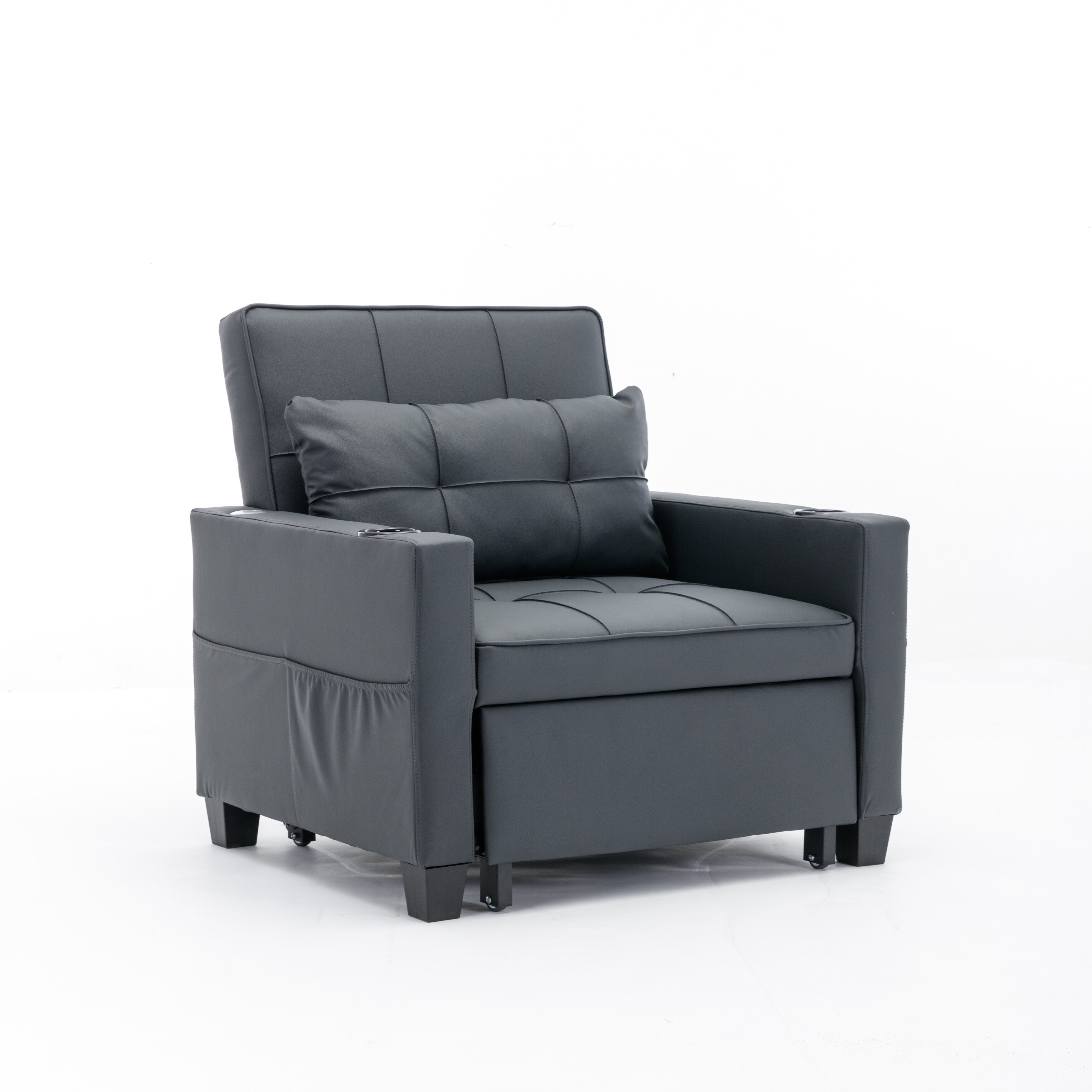 Black Faux Leather Convertible Sofa Bed with USB Ports