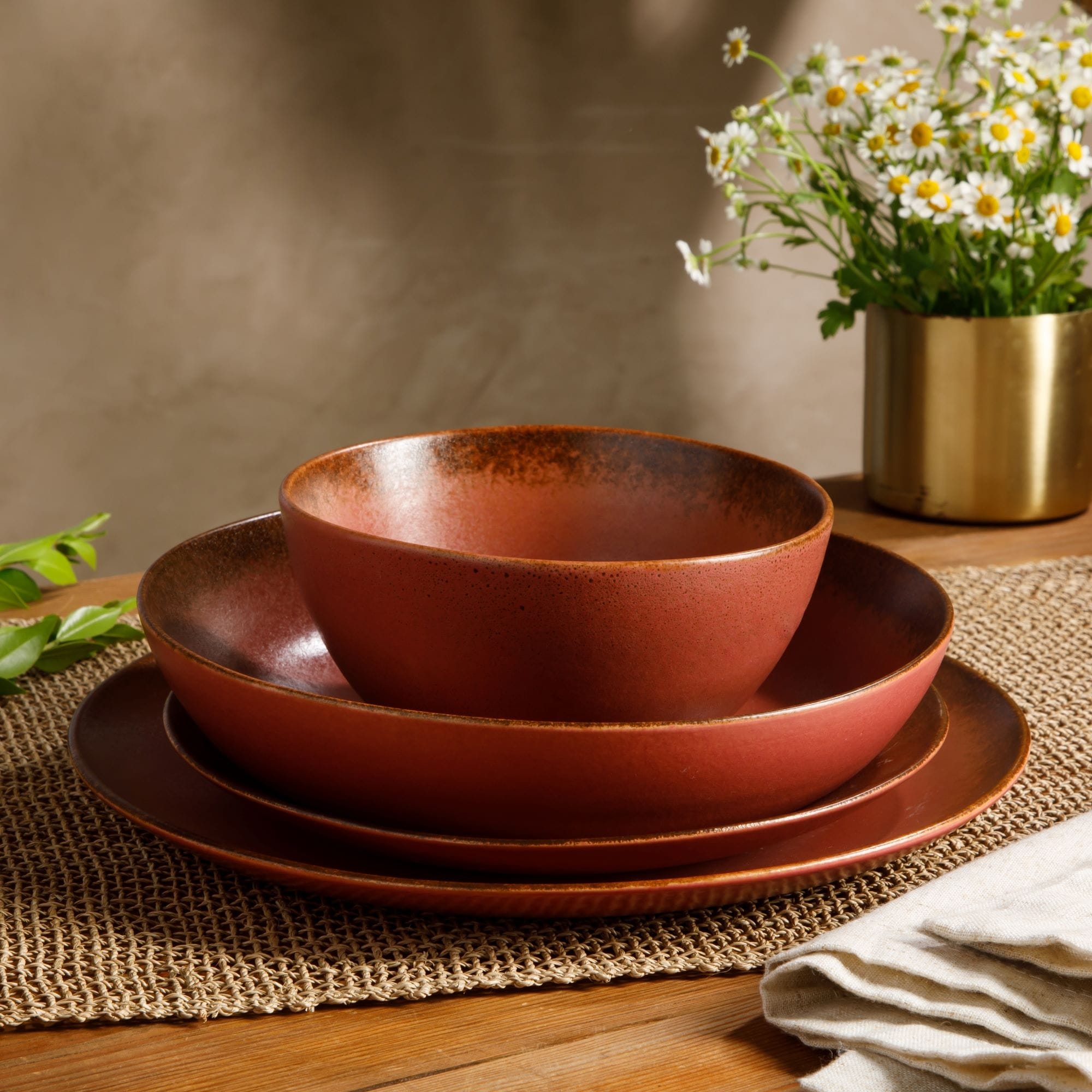 Bloomhouse Palermo Sun 16 Piece Double Bowl Stoneware Reactive Glaze Plates and Bowls Dinnerware Set