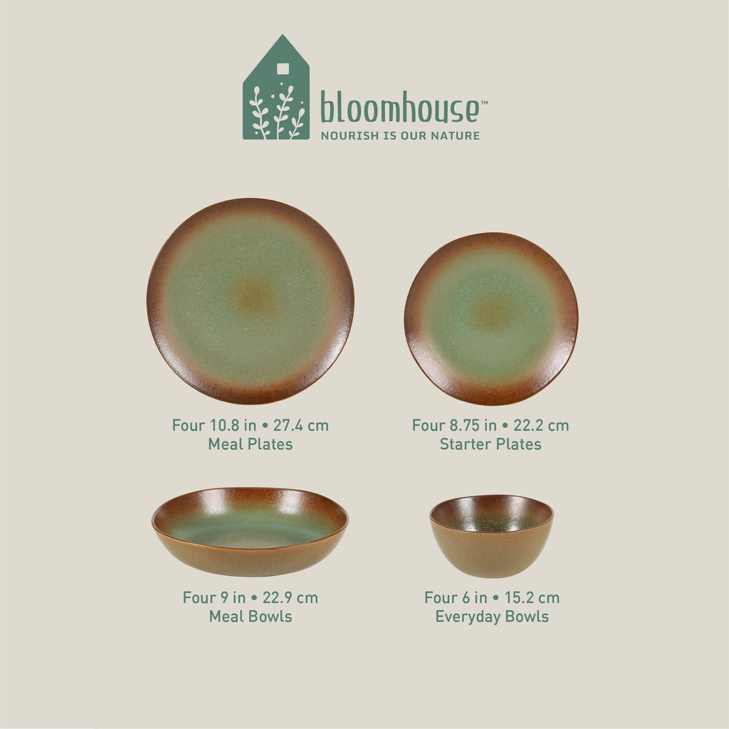 Bloomhouse Palermo Sun 16 Piece Double Bowl Stoneware Reactive Glaze Plates and Bowls Dinnerware Set