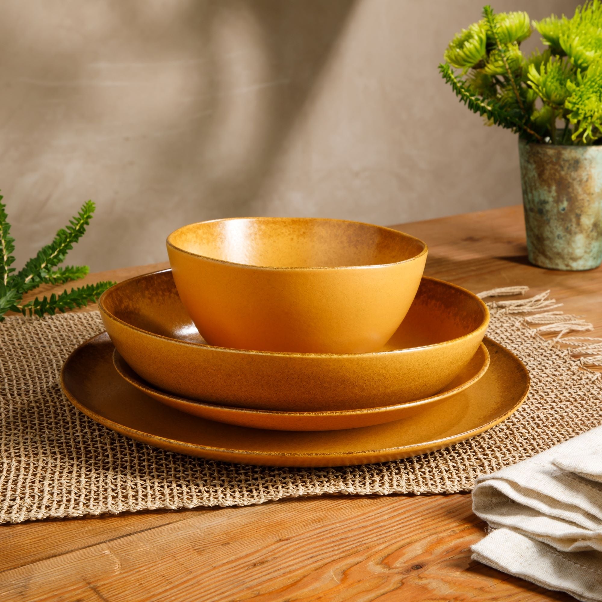 Bloomhouse Palermo Sun 16 Piece Double Bowl Stoneware Reactive Glaze Plates and Bowls Dinnerware Set