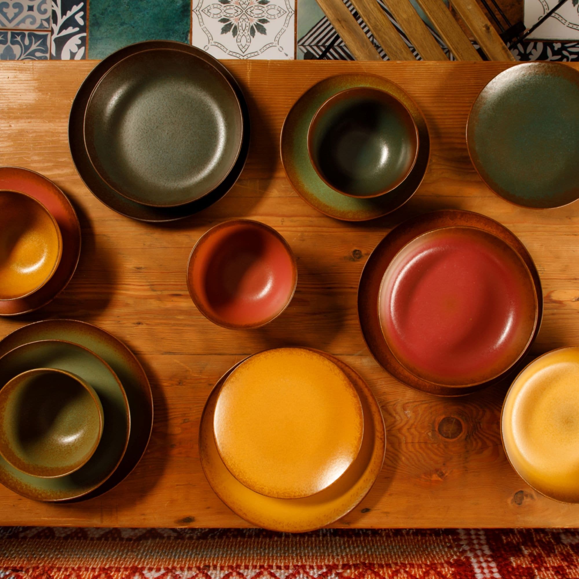 Bloomhouse Palermo Sun 16 Piece Double Bowl Stoneware Reactive Glaze Plates and Bowls Dinnerware Set