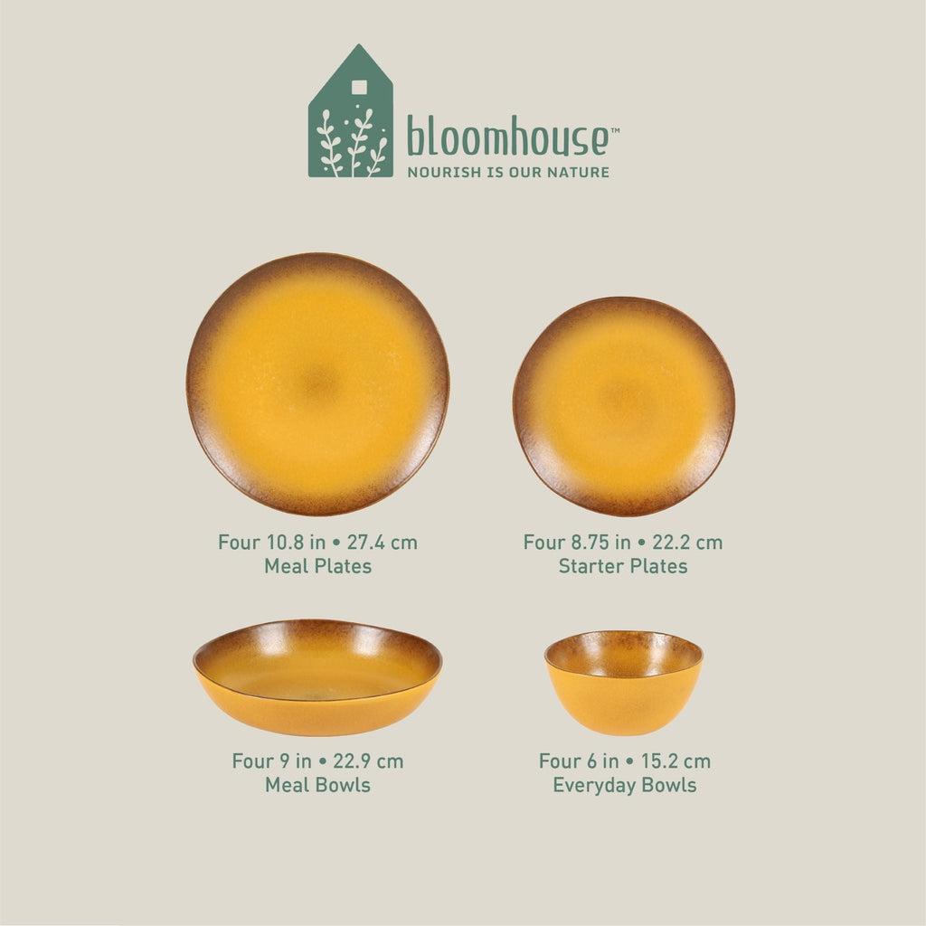 Bloomhouse Palermo Sun 16 Piece Double Bowl Stoneware Reactive Glaze Plates and Bowls Dinnerware Set