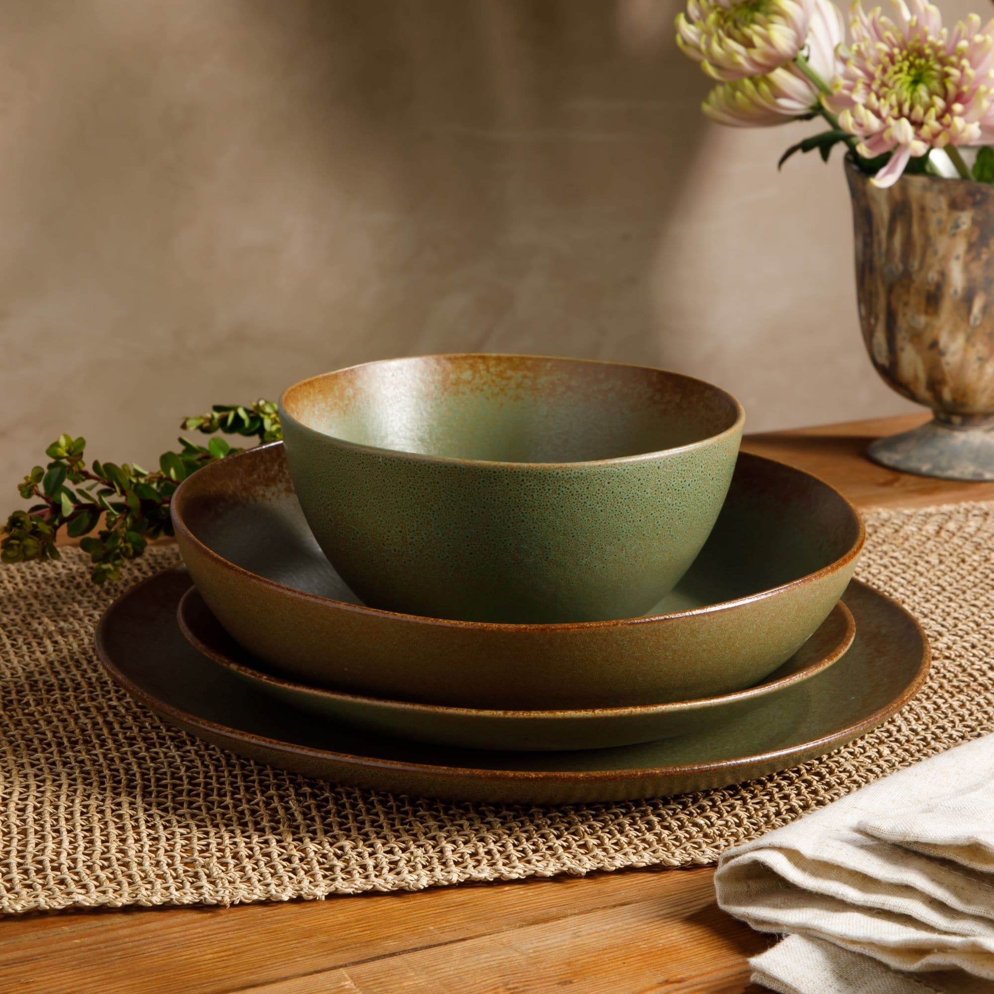 Bloomhouse Palermo Sun 16 Piece Double Bowl Stoneware Reactive Glaze Plates and Bowls Dinnerware Set
