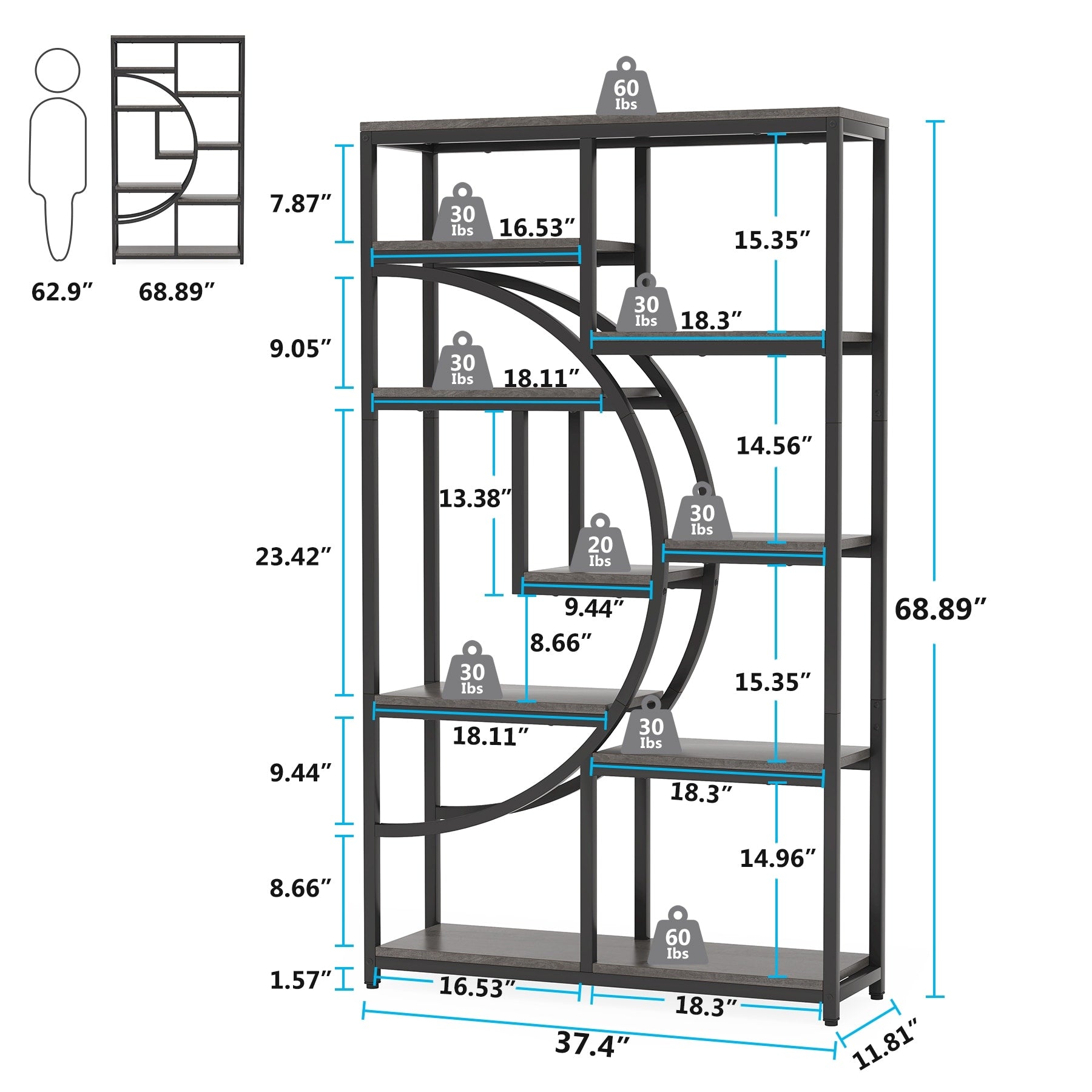 Bookshelf 5 Shelf Industrial Etagere Bookcase for Bedroom, Living Room, Home Office