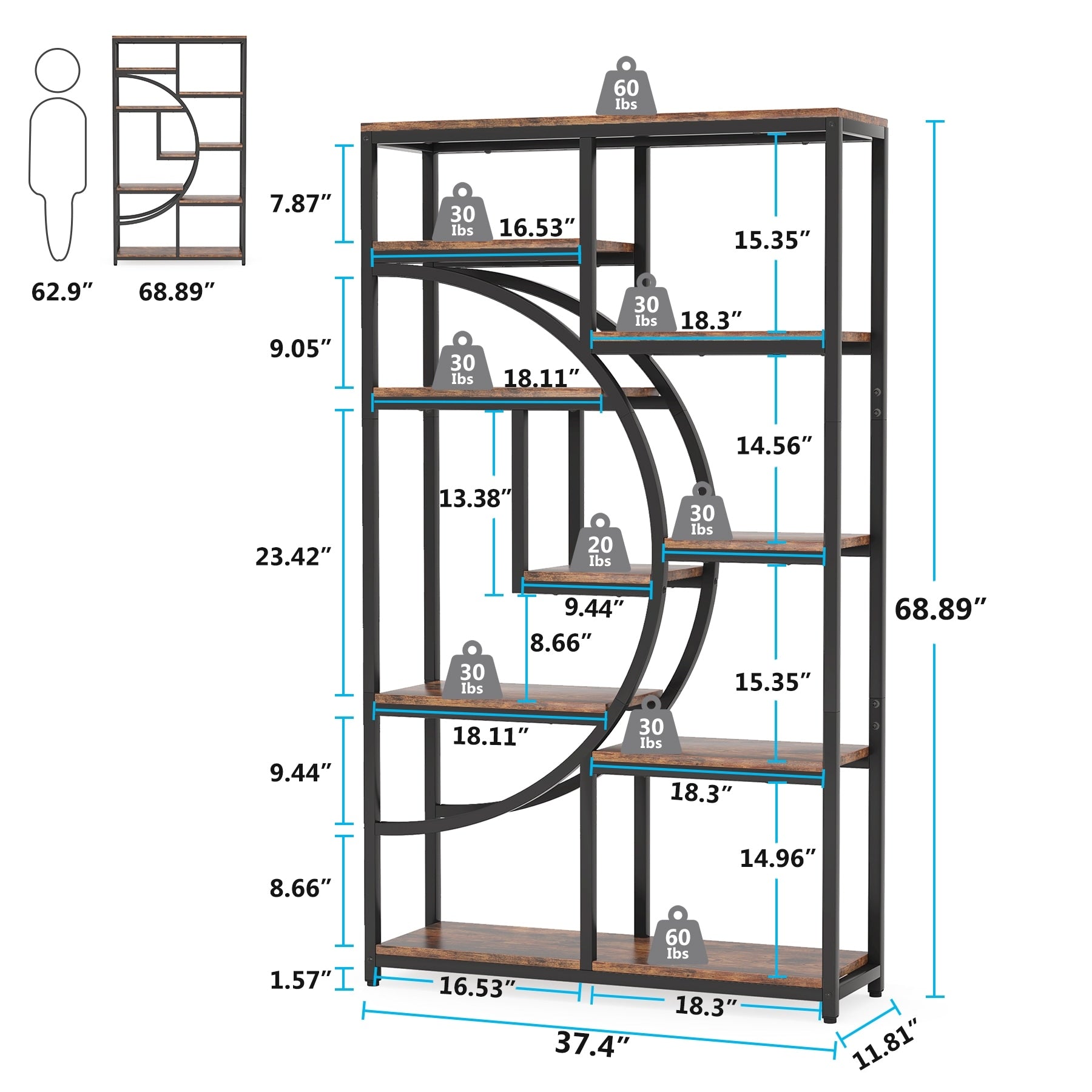 Bookshelf 5 Shelf Industrial Etagere Bookcase for Bedroom, Living Room, Home Office