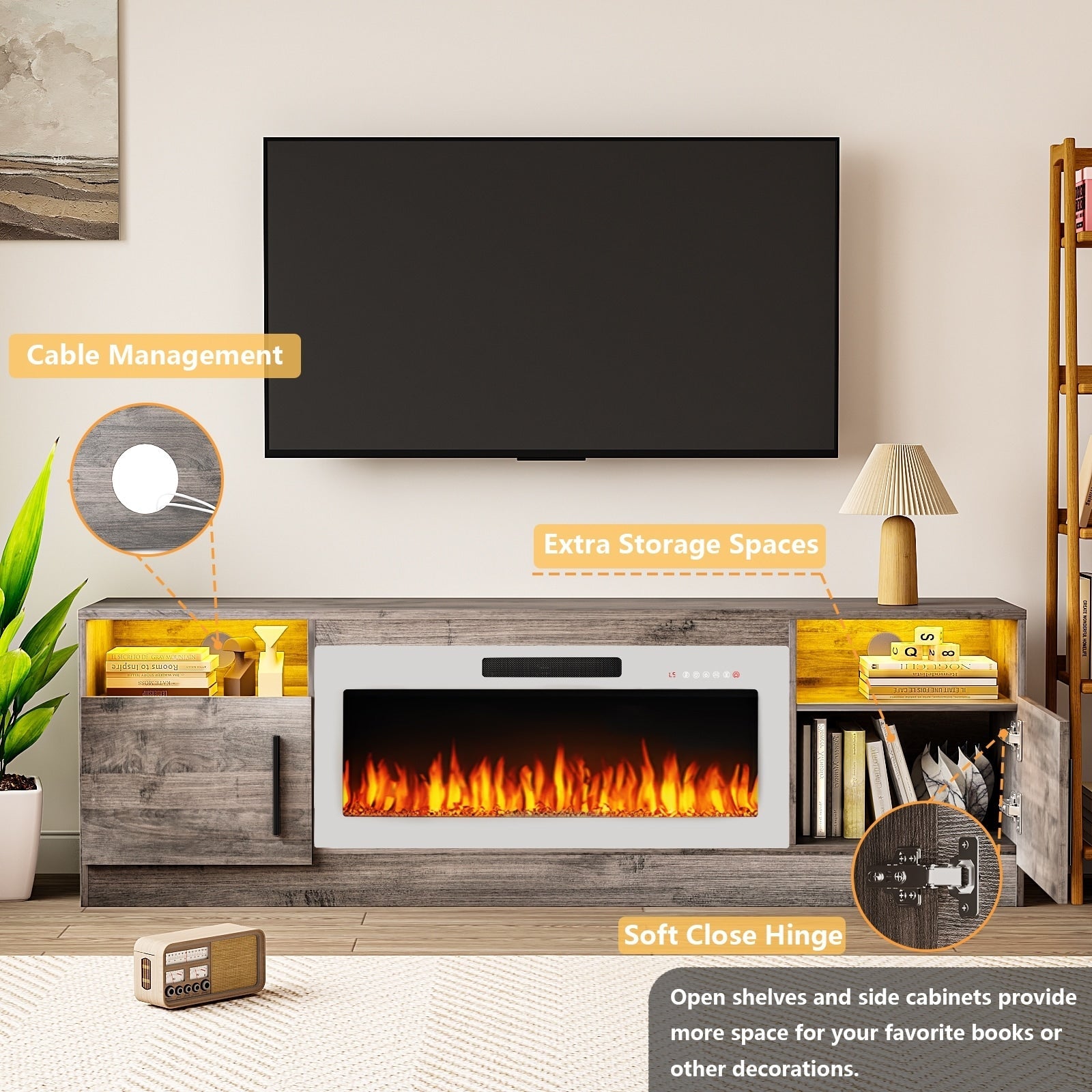 Bossin 70 Fireplace TV Stand with 36 Electric Fireplace, TV Stand for TVs Up to 80, 16 Colors LED Lights/Entertainment Center
