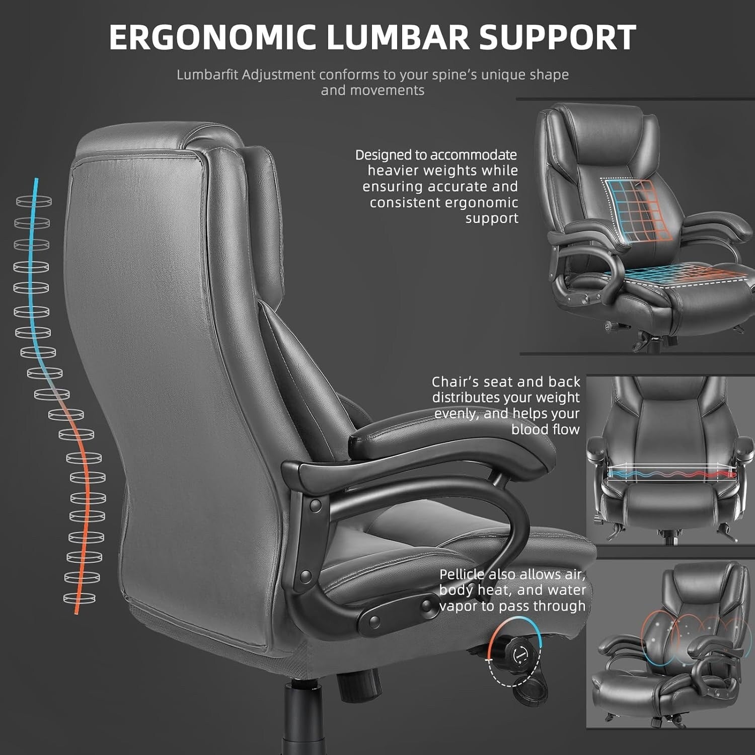 Bossin Big and Tall Executive Office Chair,500LBS Adjustable Lumbar Support Ergonomic Chair with High Back PU Leather Computer