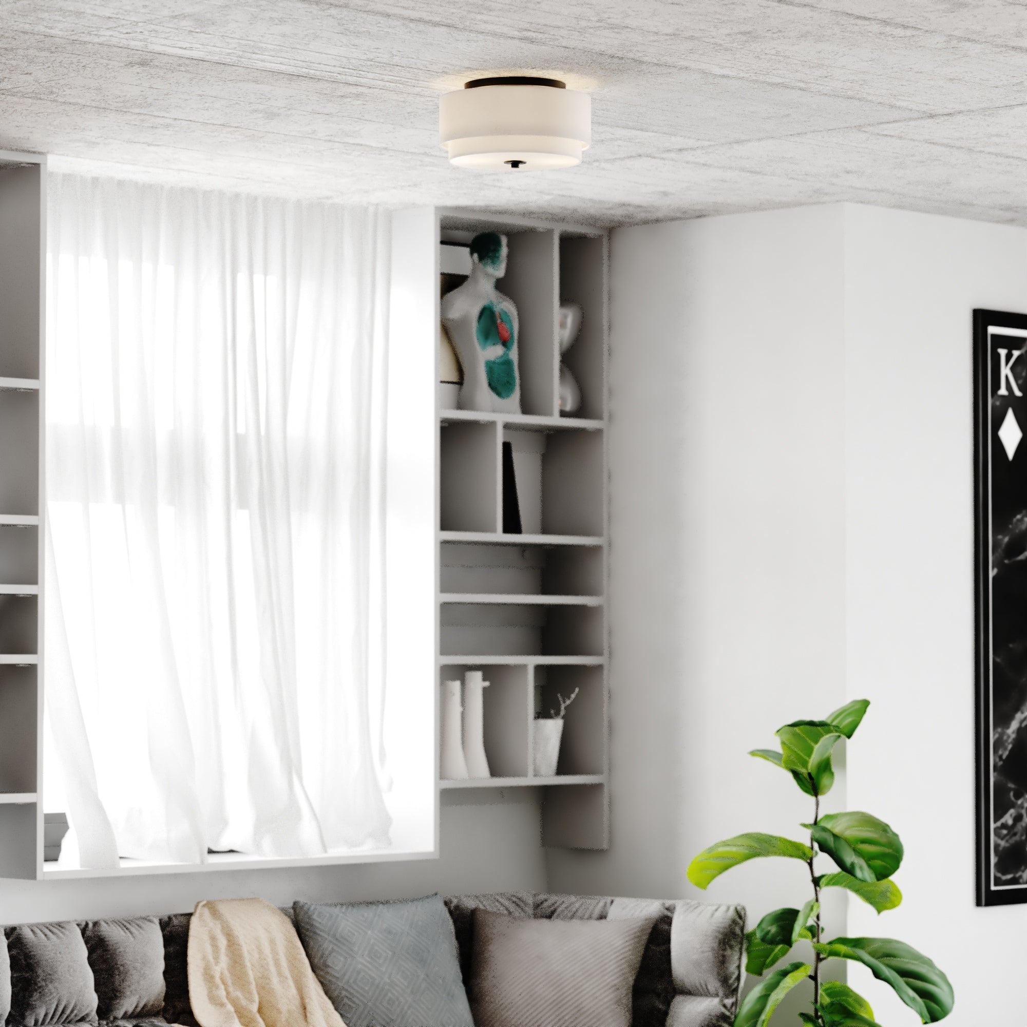 Burnaby Mid-Century Modern Ceiling Mount Light White Linen Drum Shade