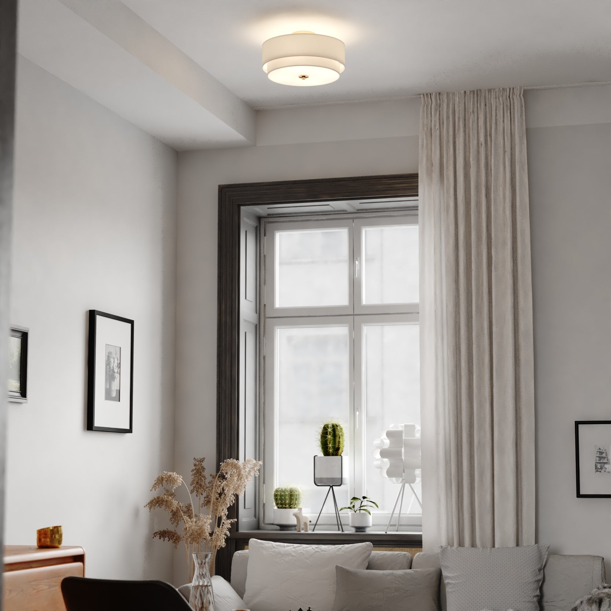 Burnaby Mid-Century Modern Ceiling Mount Light White Linen Drum Shade