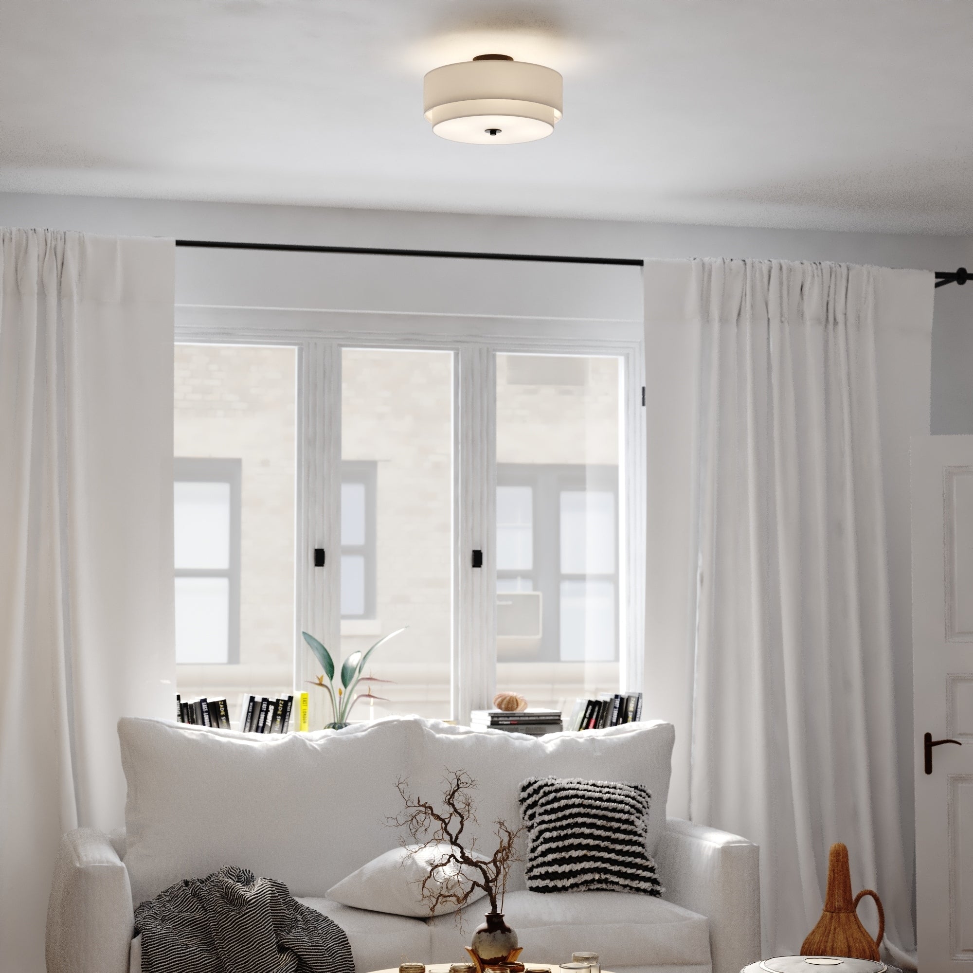 Burnaby Mid-Century Modern Ceiling Mount Light White Linen Drum Shade