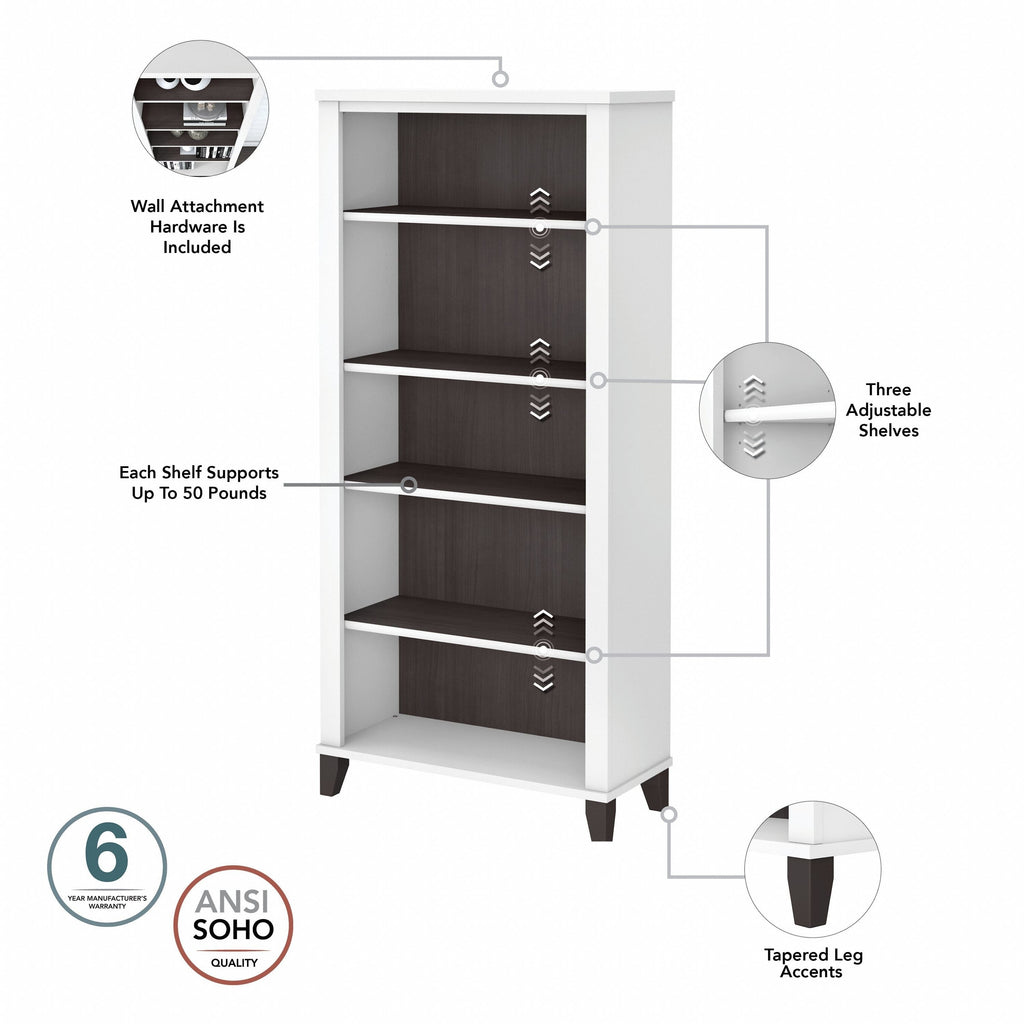 Bush Furniture Somerset Tall 5 Shelf Bookcase with Adjustable Shelves