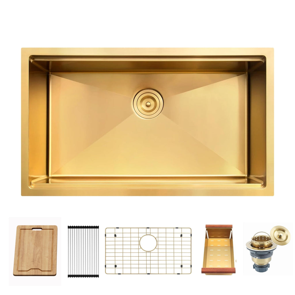 CB HOME 32'' Undermount Gold Kitchen Sink, Drop in Black/Stainless Steel Kitchen Sink, Single Bowl Kitchen Sink with Accessories