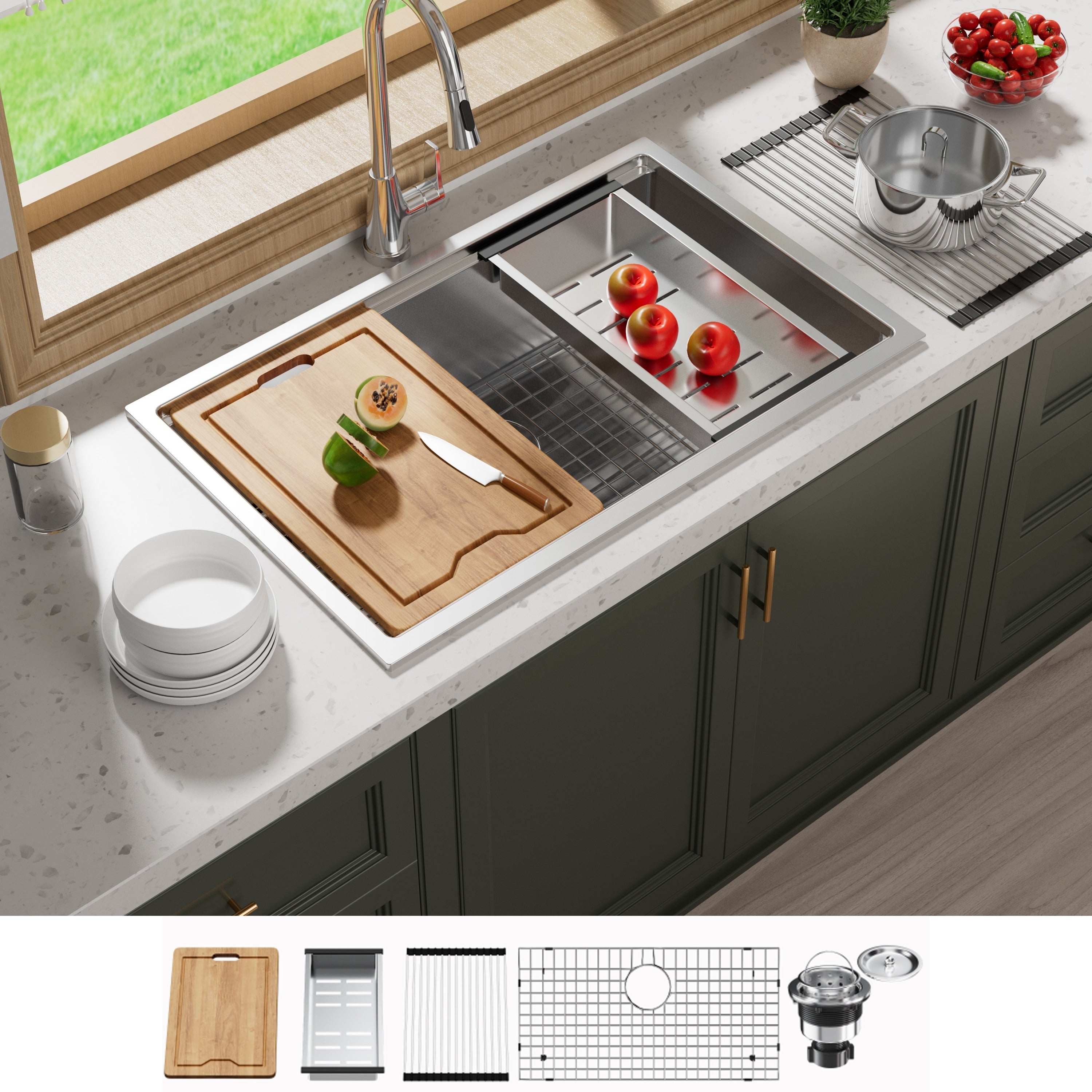 CB HOME 32'' Undermount Gold Kitchen Sink, Drop in Black/Stainless Steel Kitchen Sink, Single Bowl Kitchen Sink with Accessories
