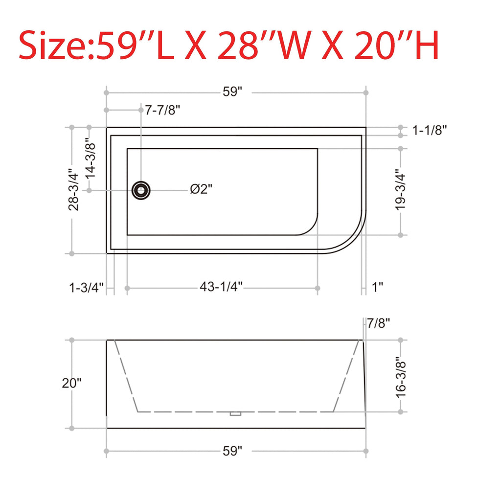 CB HOME 59''/67'' Freestanding Acrylic Soaking Bathtubs, Soaking Tubs Single Side Against The Wall, Left/Right Overflow