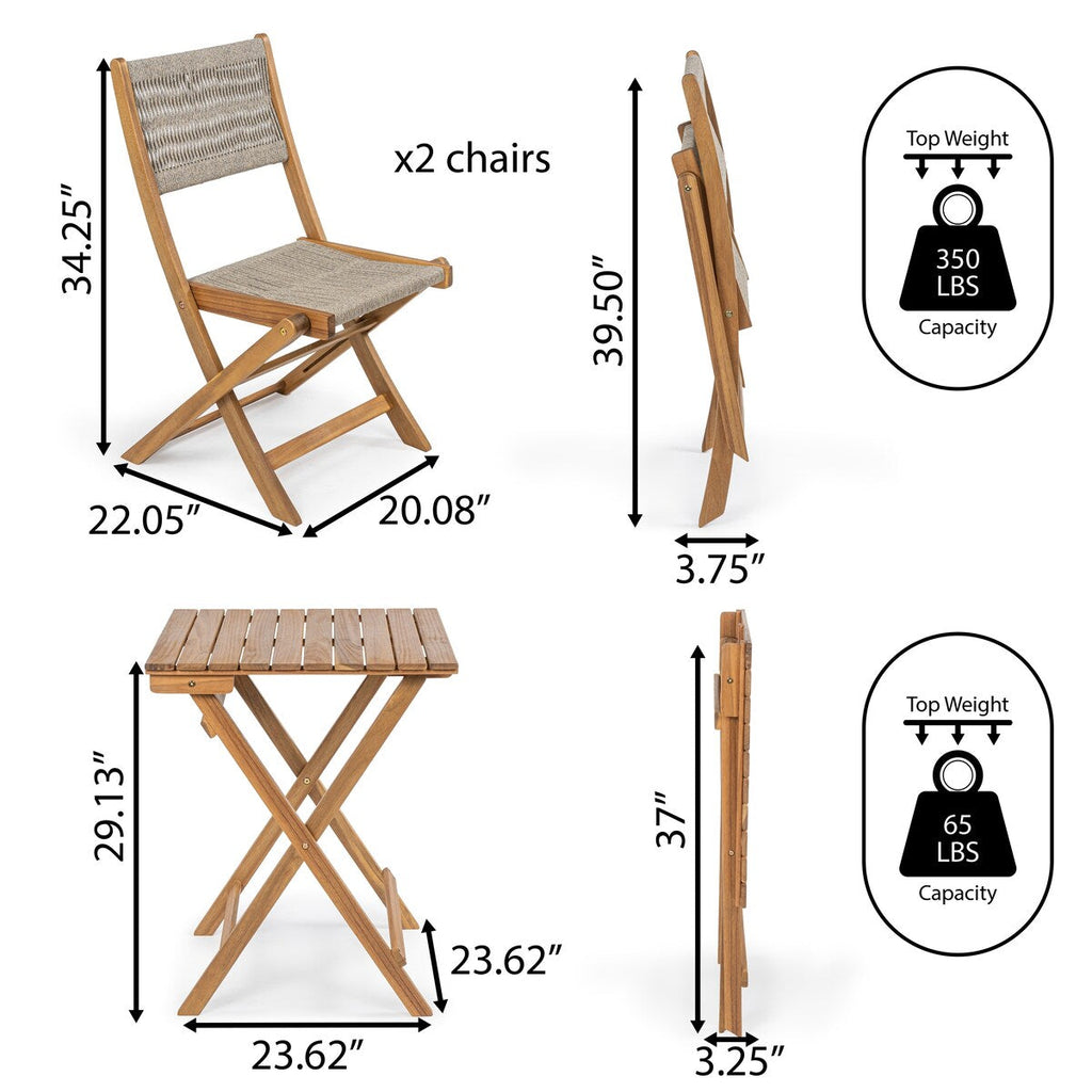Cadiz Modern Coastal 3-Piece Acacia Wood Outdoor Folding Bistro Set, by JONATHAN Y