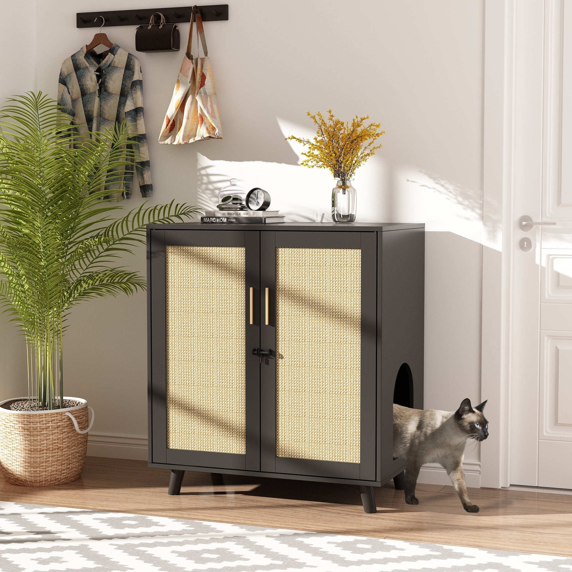 Cat Litter Box Enclosure Cat House Side Table Door Cabinet Bookcase